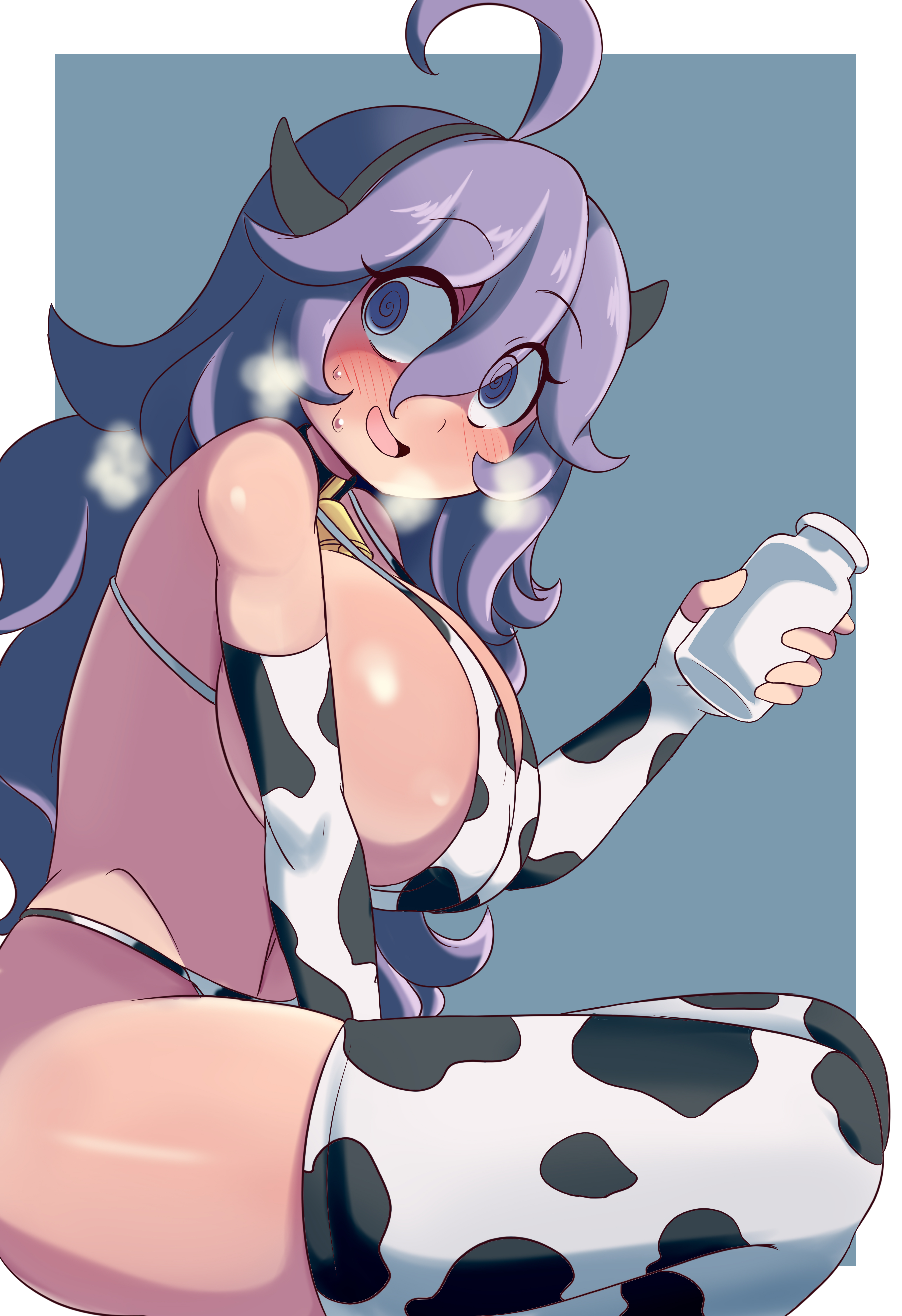 1girls, 2021, ahoge, big breasts, bikini, blush, breasts, cow bikini, cow girl, cow horns, cow print, cowbell, curvy figure, elbow gloves, eyebrows visible through hair, female, gloves, hair between eyes, headgear, heavy breathing, hex maniac, high resolution, holding object, huge breasts, large breasts, lucyfercomic, milk, milk bottle, nintendo, pokemon, pokemon xy, purple eyes, purple hair, solo, stockings, sweat, thick thighs, thighhighs, thighs
