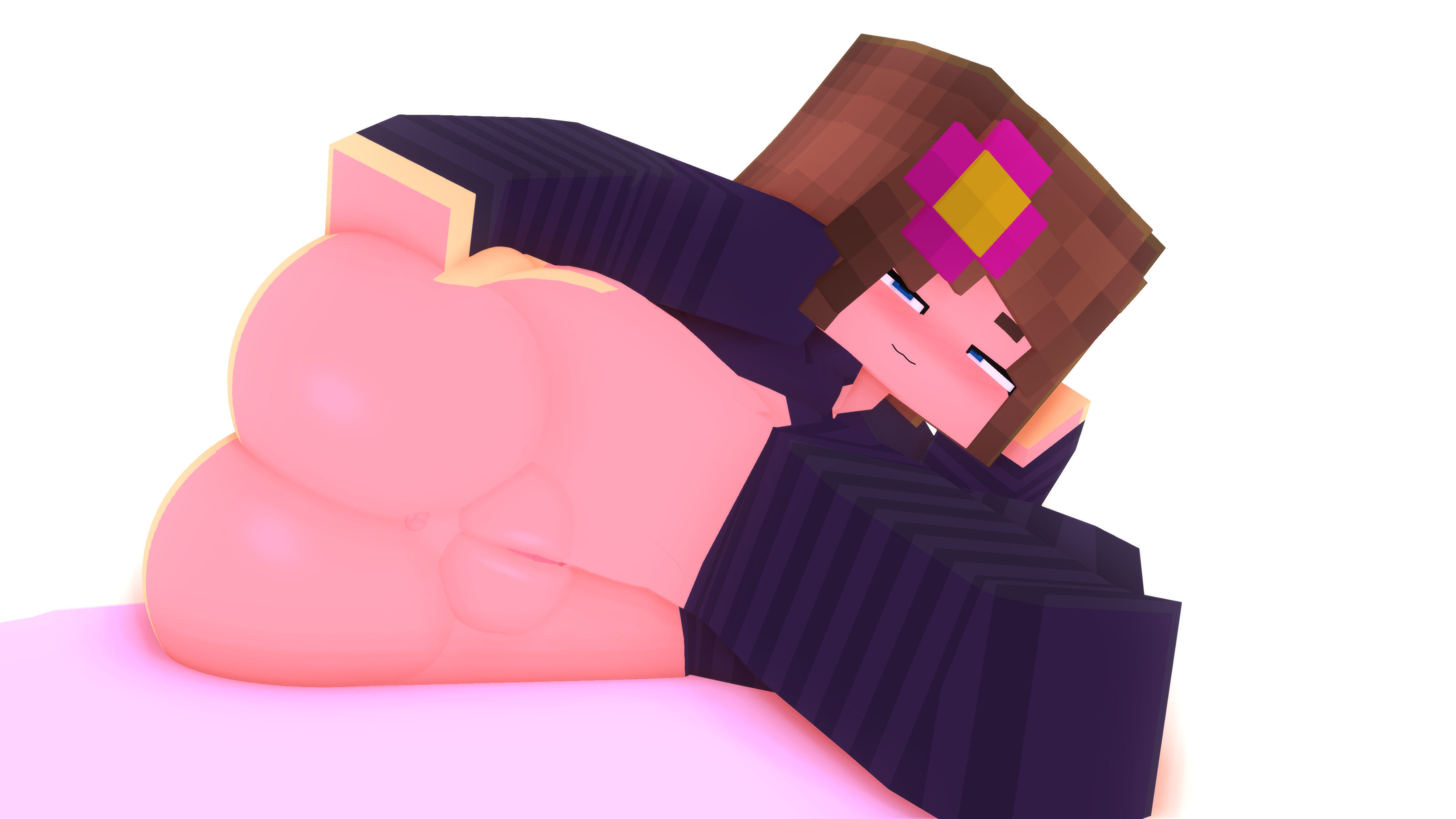 1girls, 3d, ass, big ass, blue eyes, bottomless, brown hair, bubble ass, bubble butt, female, female only, flower in hair, horny female, human female, humanoid, jenny belle (slipperyt), mine-imator, minecraft, no panties, no pants, no underwear, presenting, presenting pussy, puffy pussy, pussy, shirt, simple background, slipperyt, solo, solo focus, stockings, tagme, vagina, white background