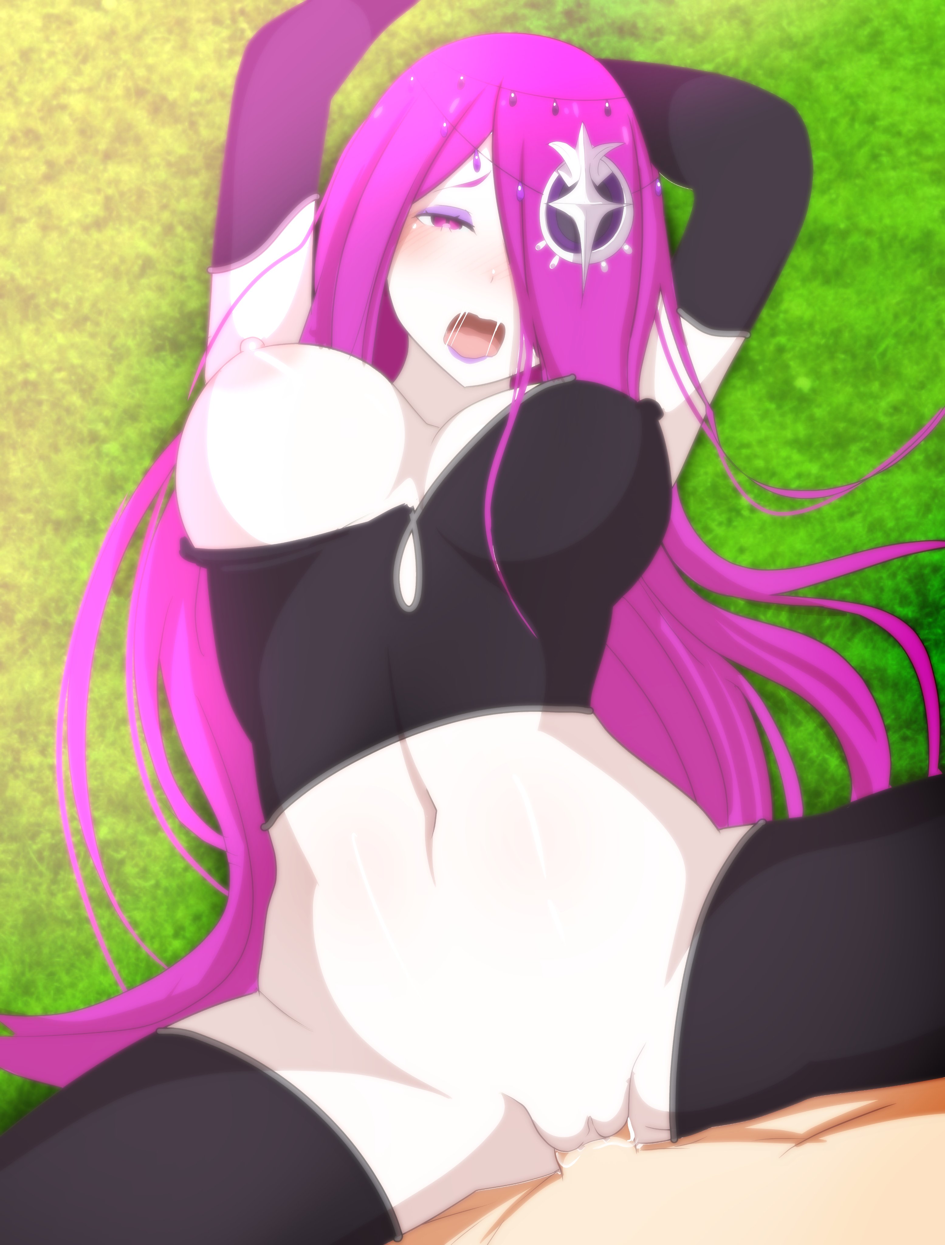 1boy, areolae, black legwear, black thighhighs, breasts, breasts out of clothes, cleavage, detached sleeves, erect nipples, female, gear art, hair ornament, hair over one eye, high resolution, large breasts, long hair, looking pleasured, male, midriff, missionary position, natsuki subaru, navel, nipples, purple eyes, purple hair, pussy, re:zero kara hajimeru isekai seikatsu, sekhmet (re:zero), sex, straight, thighhighs, thighs, torogao, uncensored, vagina, vaginal penetration, very high resolution, very long hair
