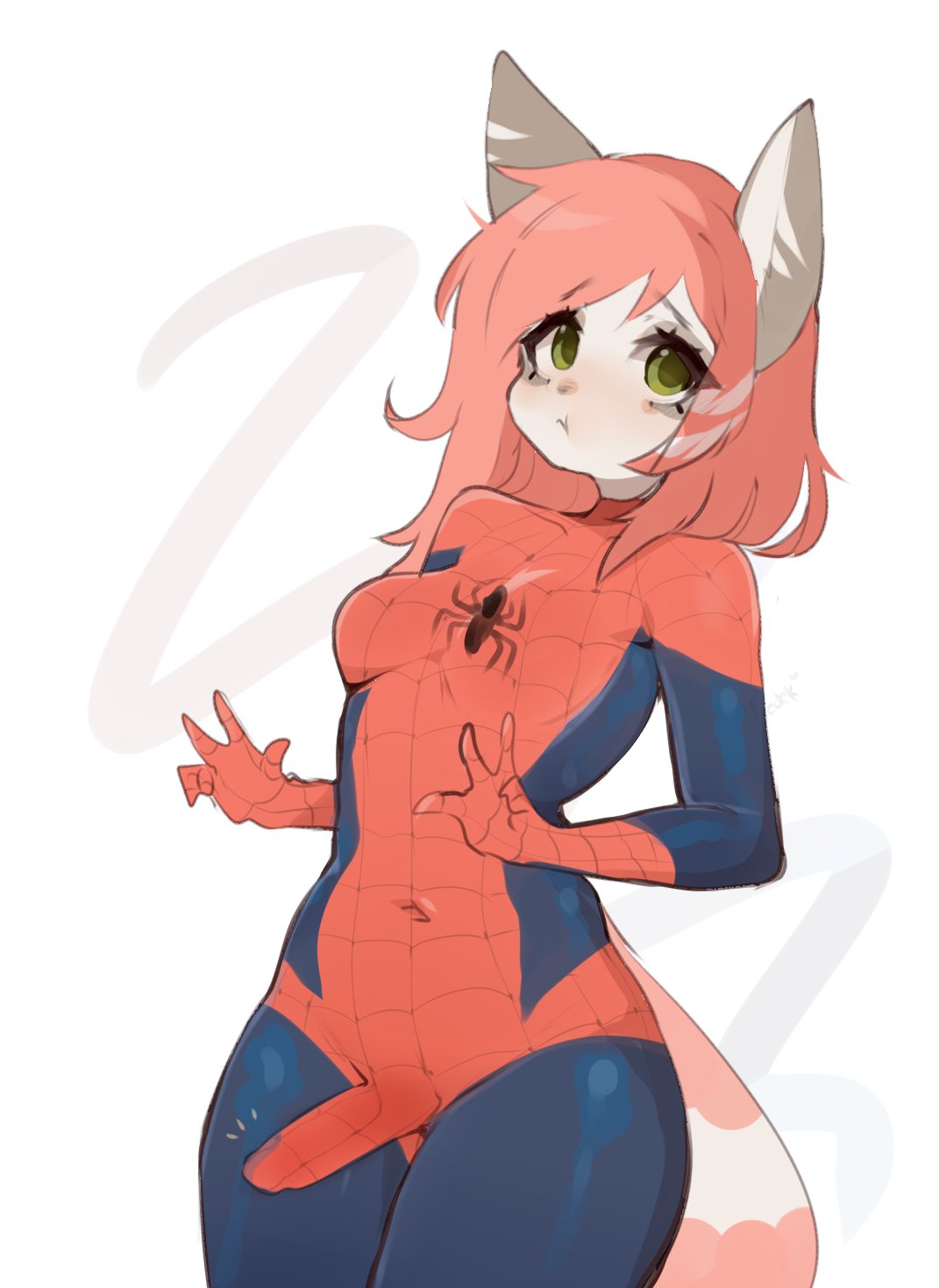 1futa blush breasts bulge canid canine canis clothing fredek666 furry futa_only futanari green_eyes gynomorph hi_res hybrid intersex mammal marvel procyonid raccoon rikki solo spider-man_(cosplay) spider-man_(series) wolf