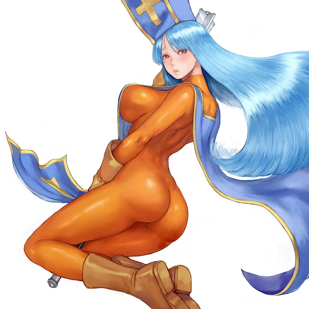 1girls aqua_hair ass back blue_hair bodysuit boots clothed clothing curvy dragon_quest dragon_quest_iii from_behind hat large_breasts long_blue_hair long_hair mikanman orange_bodysuit orange_clothing pose priest_(dq3) shiny sideboob skin_tight solo square_enix staff white_background