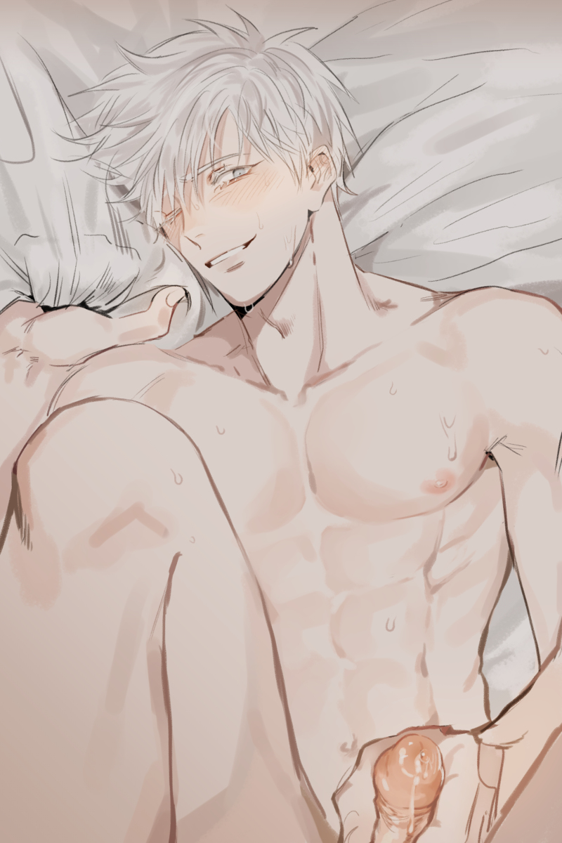 1boy, abs, blue eyes, blush, cum drip, erection, holding penis, jacking off, jujutsu kaisen, laying on bed, legs up, looking at viewer, male, male only, masturbation, on back, on bed, pale skin, penis, penis grab, satoru gojo, sheet grab, smile, solo male, sweat, toned, toned male, white hair
