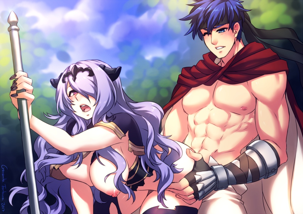 1boy, 1girls, abs, ambiguous penetration, ass, axe, bent over, big breasts, blue eyes, blue hair, breasts, camilla (fire emblem), crescentia, female, fire emblem, fire emblem fates, fire emblem: path of radiance, fire emblem: radiant dawn, from behind, from behind position, huge breasts, ike (fire emblem), large breasts, male, male and female focus, muscular, muscular male, nintendo, nipples, one eye closed, purple eyes, purple hair, staff, straight, waist grab