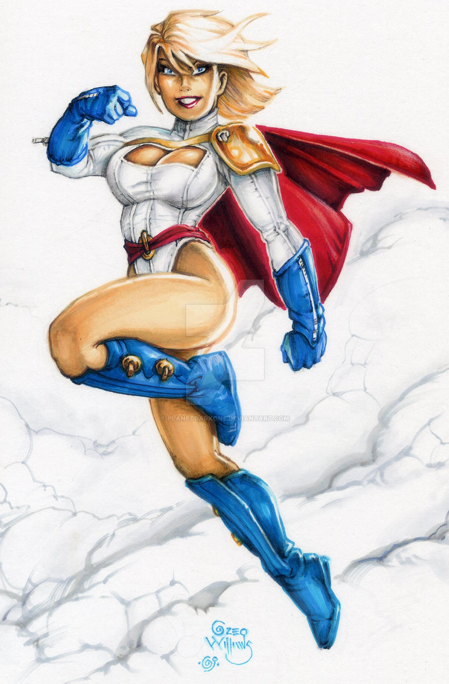 1girls big_ass big_breasts blonde_hair blue_eyes boob_window boots cape cleavage cleavage_cutout dc dc_comics female flying gloves greg_williams highleg highleg_leotard large_ass large_breasts leotard planetdarkone power_girl shoulder_pad smile superman_(series)