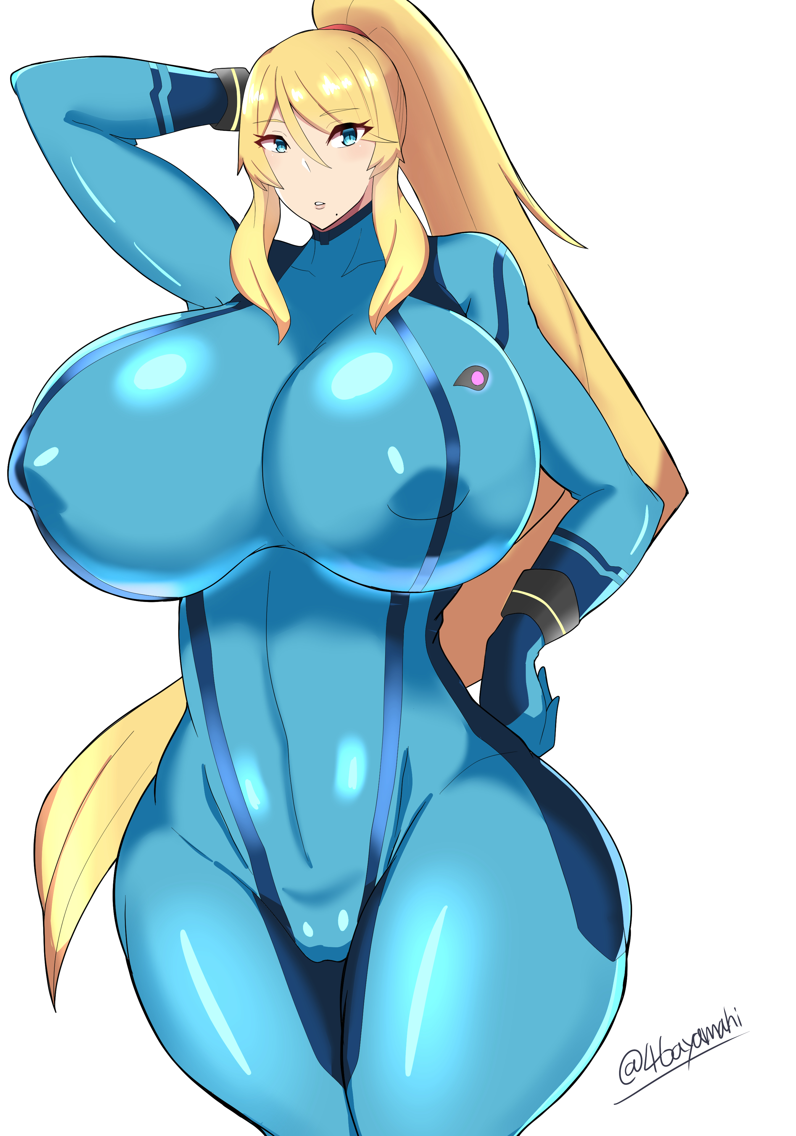 1girls, 5 fingers, alternate breast size, ayamahi, belly, belly button, blonde hair, blue eyes, breasts, breasts bigger than head, cleavage, clothed, clothes, clothing, erect nipples, eye contact, eyebrows, eyebrows visible through hair, eyelashes, female, female only, hand behind head, hand on hip, high resolution, hips, huge breasts, human, human only, humanoid, looking at viewer, metroid, mole, mole under mouth, navel, nintendo, nipple bulge, nipples, samus aran, seductive, simple background, solo, solo female, standing, thick, thick thighs, thighs, voluptuous, watermark, white background, wide hips, zero suit, zero suit samus