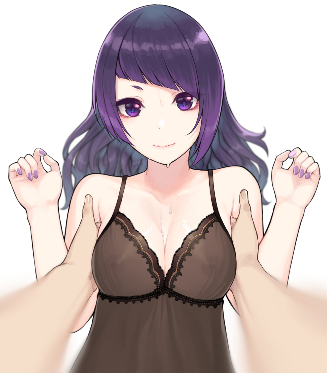 breasts, cleavage, female, idolmaster, idolmaster shiny colors, large breasts, negligee, nightgown, portrait, pov, purple eyes, purple hair, purple nails, see-through, smile, sunaba suzume, sweat, tanaka mamimi, white background