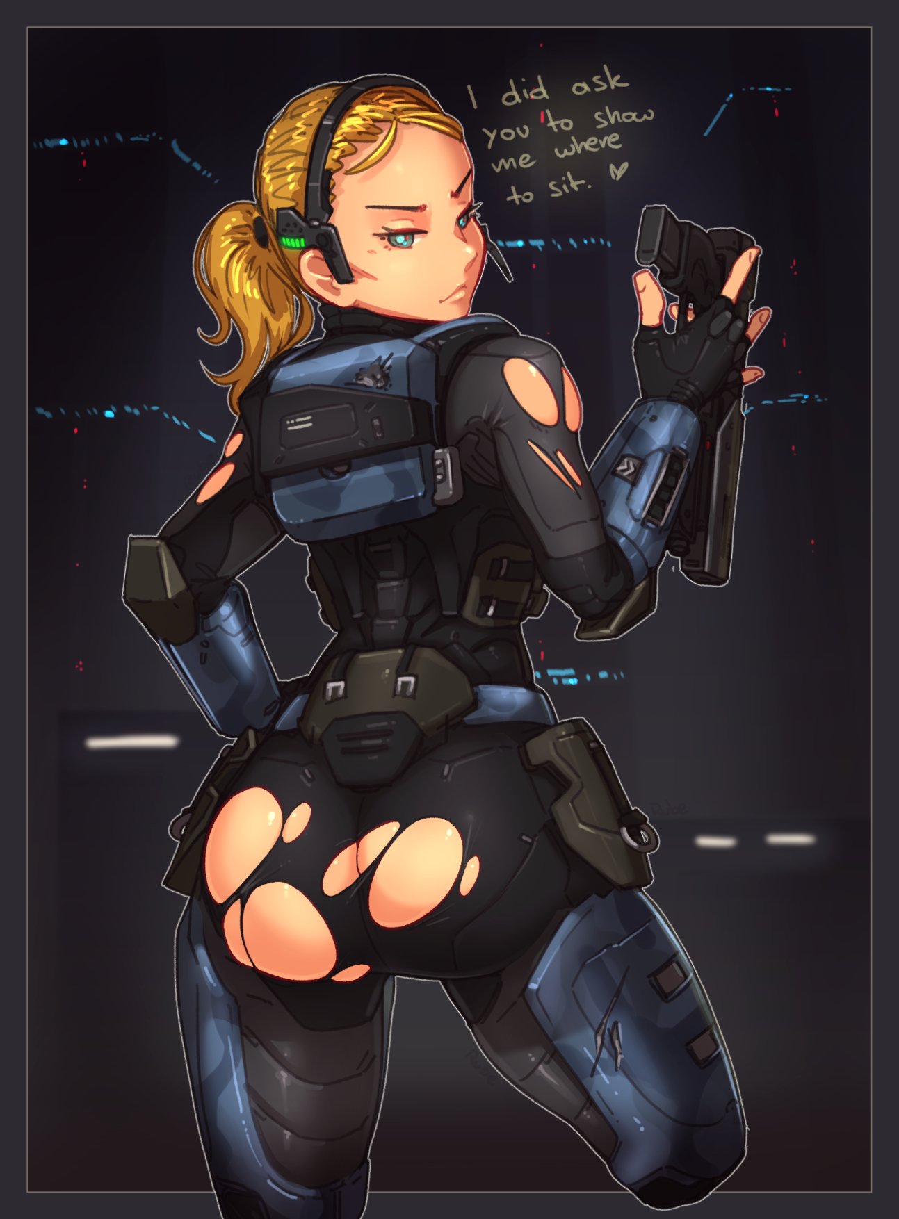 1girls armor ass background blonde_hair blue_armor blue_eyes body_armor bodysuit dialog dialogue female female_only firearm gun halo halo_(game) halo_(series) handgun hi_res human justrube looking_at_viewer looking_back looking_over_shoulder over_shoulder rube science_fiction solo solo_female torn_clothing torn_legwear torn_underwear white_skin