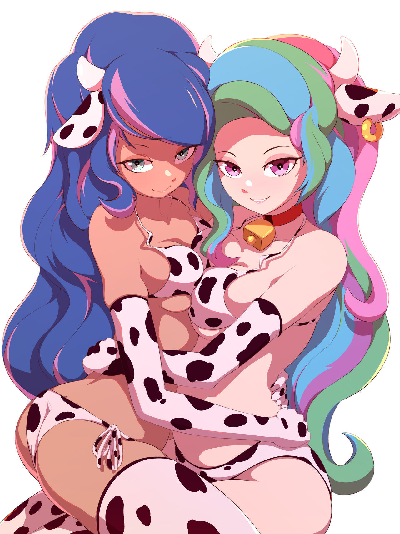 2girls aqua_hair bell_collar belly_to_belly blue_eyes blue_hair cow_ears cow_girl cow_horns cow_print_bikini cow_print_gloves cow_print_thighhighs cowbell cowgirl dark-skinned_female dark_skin friendship_is_magic green_hair humanized large_breasts light-skinned_female light_skin long_hair looking_at_viewer medium_breasts multicolored_hair my_little_pony pink_hair princess_celestia_(mlp) princess_luna_(mlp) purple_eyes rockset sisters symmetrical_docking