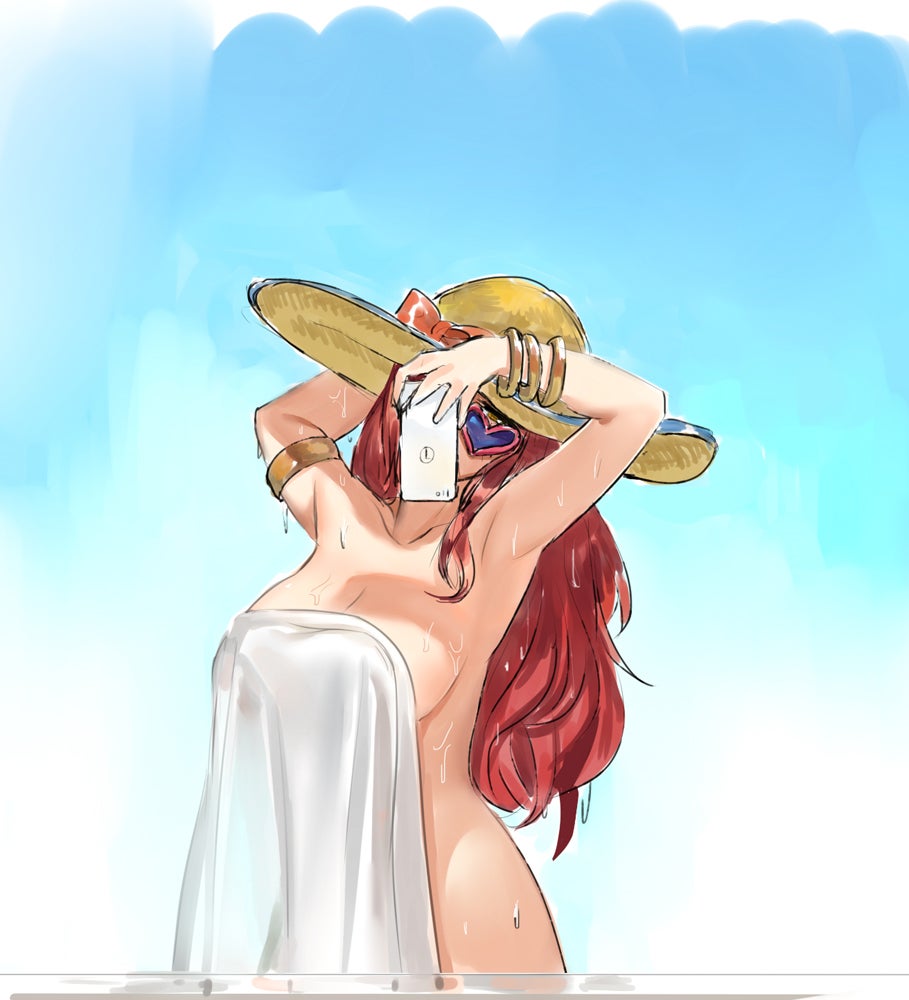 1girls, arm strap, big breasts, blue-tinted eyewear, bracelet, breasts, female, female focus, female only, hat, heart-shaped eyewear, league of legends, looking over eyewear, looking over glasses, looking over sunglasses, miss fortune, pd, phone, pool party miss fortune, pool party series, red hair, red-framed eyewear, selfie, solo, solo female, sunglasses, teasing, tinted eyewear, towel, towel covering breasts, wet, wet body