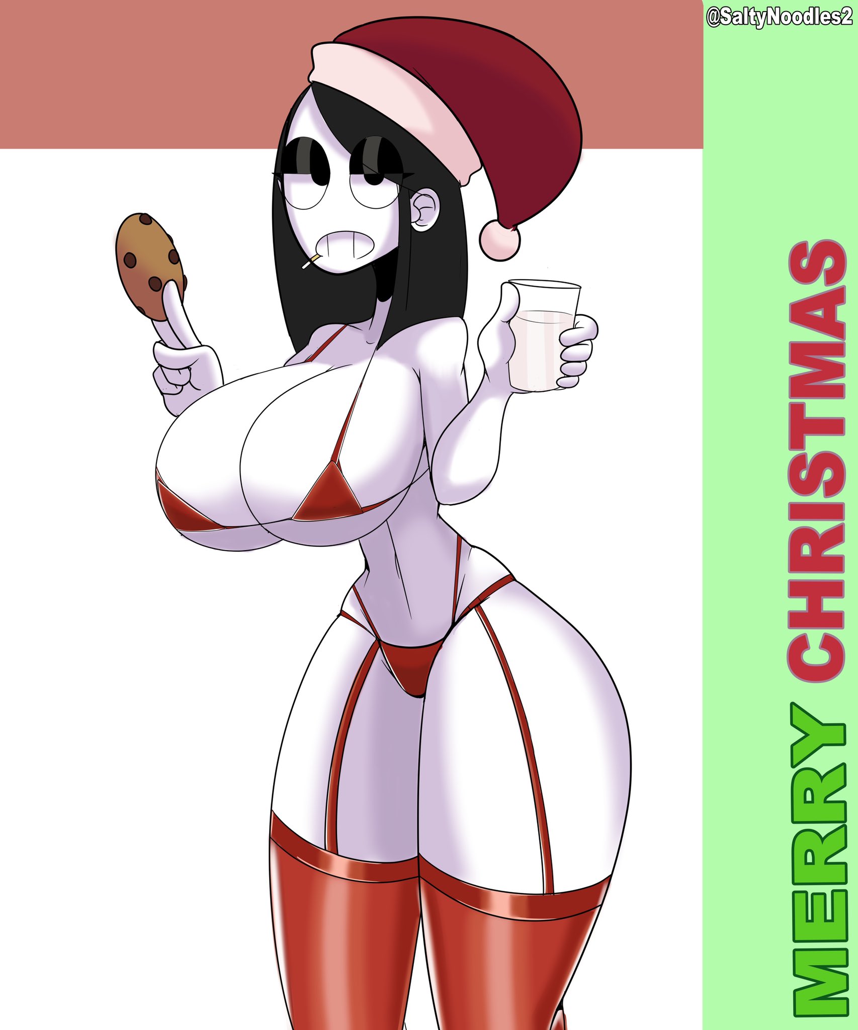 2020, big breasts, breasts, christmas, cigarette, clothing, cookie, female, goth, lingerie, milk, panties, red bra, red lingerie, red panties, red stockings, saltynoodles, santa hat, stockings, text, thick thighs, unamused, veronica (saltynoodles)