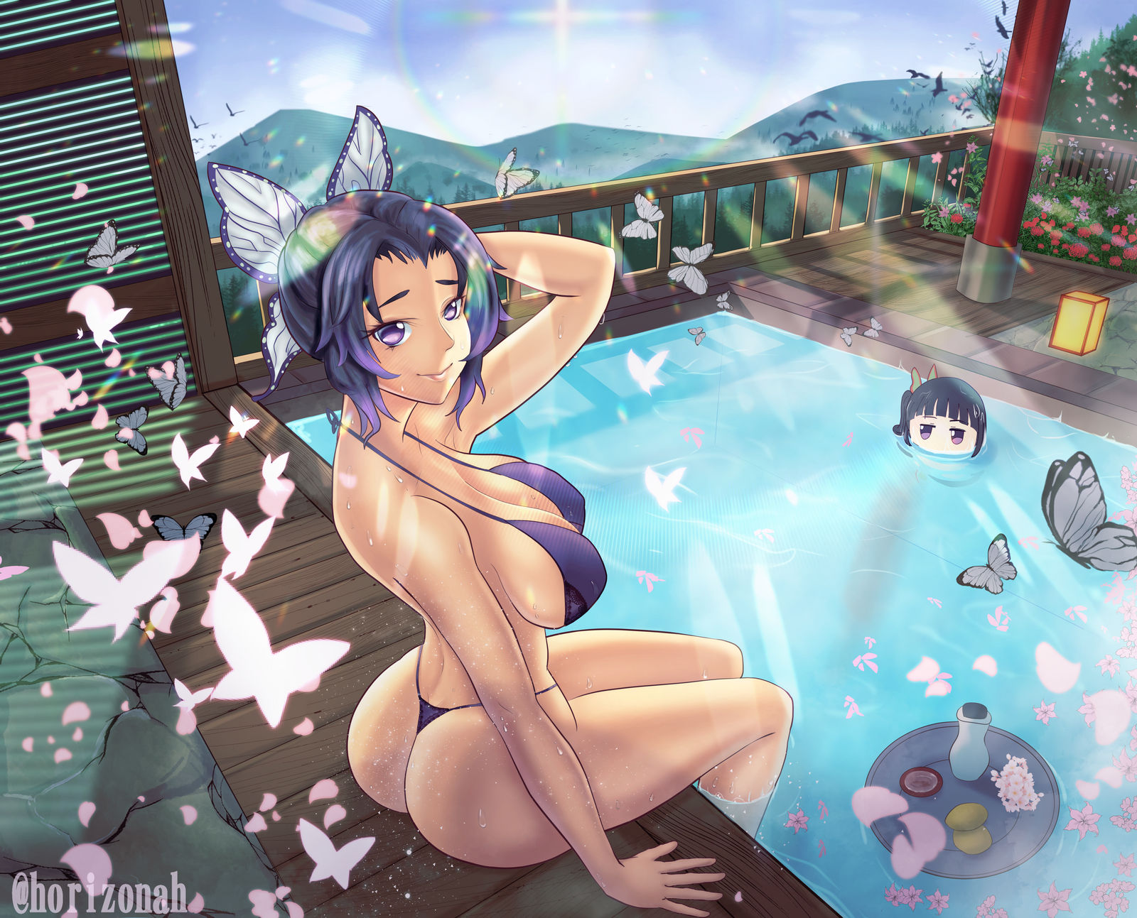 2girls, ass, bath, bathing together, bikini, black-haired female, breasts, bubble ass, butterfly, butterfly hair ornament, demon slayer, detailed background, female, female only, horizonah221, kimetsu no yaiba, kochou shinobu, large breasts, purple eyes, purple hair, purple-haired female, swimsuit, tsuyuri kanao, voluptuous, water