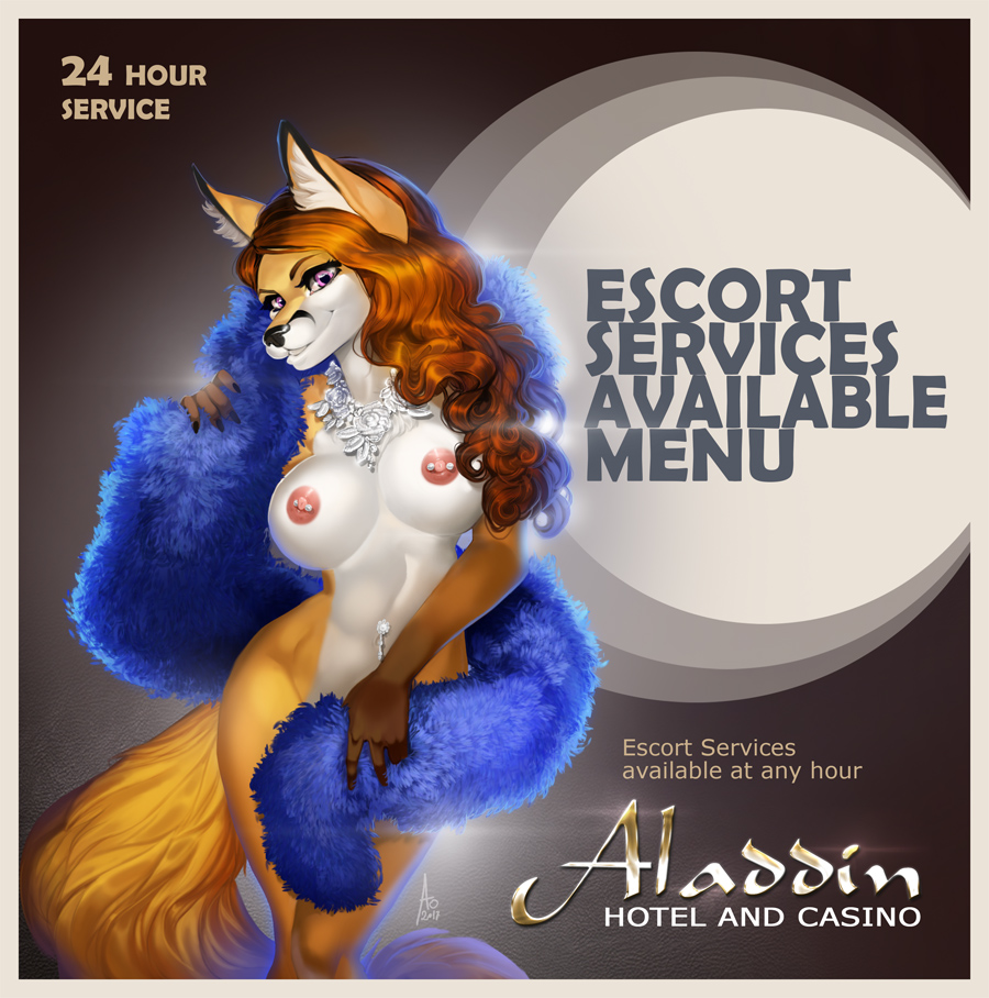 2017 advertisement anthro aomori auburn_hair belly escort feather_boa fox_ears fox_girl fox_tails foxgirl furry large_breasts long_hair looking_at_viewer navel_piercing nipple_piercing poster prostitution purple_eyes tamara_fox