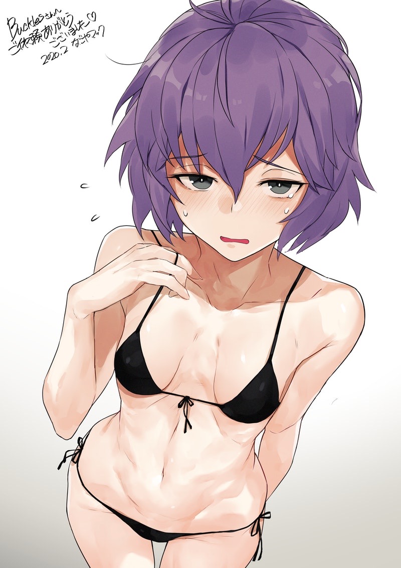 1girls, bernadetta von varley, bikini, black bikini, blush, breasts, embarrassed, female, fire emblem, fire emblem: three houses, grey eyes, messatsu tan, messy hair, nintendo, purple hair, skimpy clothes, skinny, small breasts, solo, sweat, swimsuit