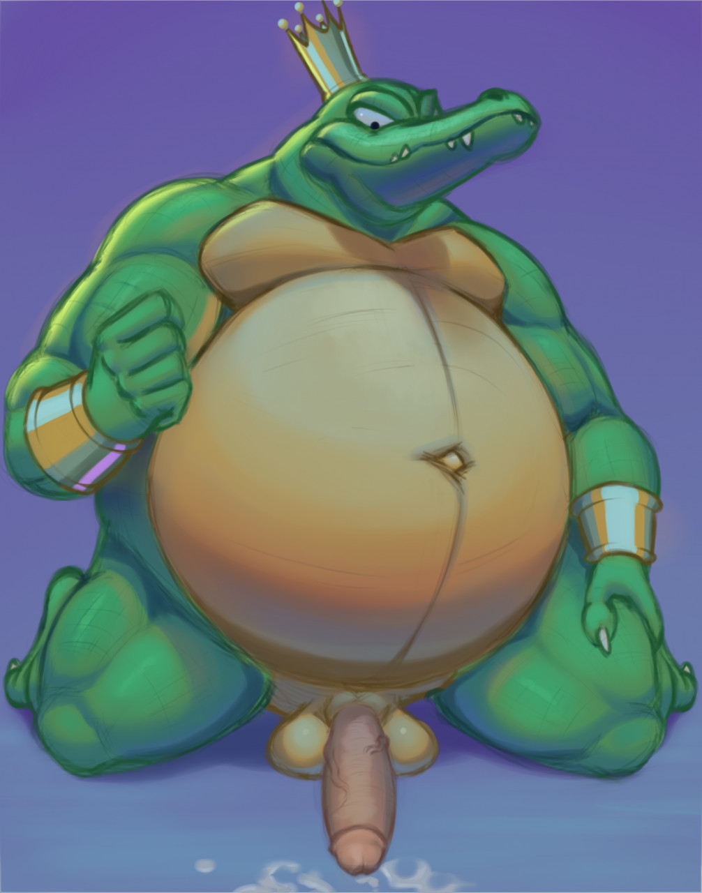 2020 anthro balls belly bodily_fluids crown cum cum_on_ground donkey_kong_(series) erection genital_fluids genitals green_body hi_res humanoid_hands k_rool kremling male male_only navel nintendo obese obese_male overweight overweight_male penis scalie simple_background solo themorghull video_games