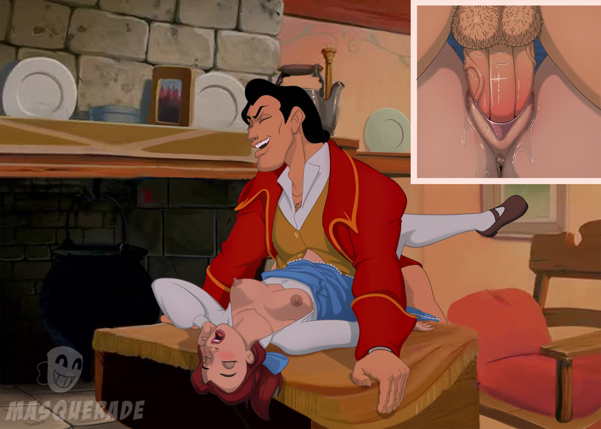 1boy, 1girls, beauty and the beast (1991 film), belle (beauty and the beast), clothed female, clothed sex, disney, disney princess, disney villains, female, gaston, long hair, male, male/female, masquerade (artist), mature, mature female, missionary, missionary position, nipples, pussy, sex, solo female, vaginal penetration, vaginal sex