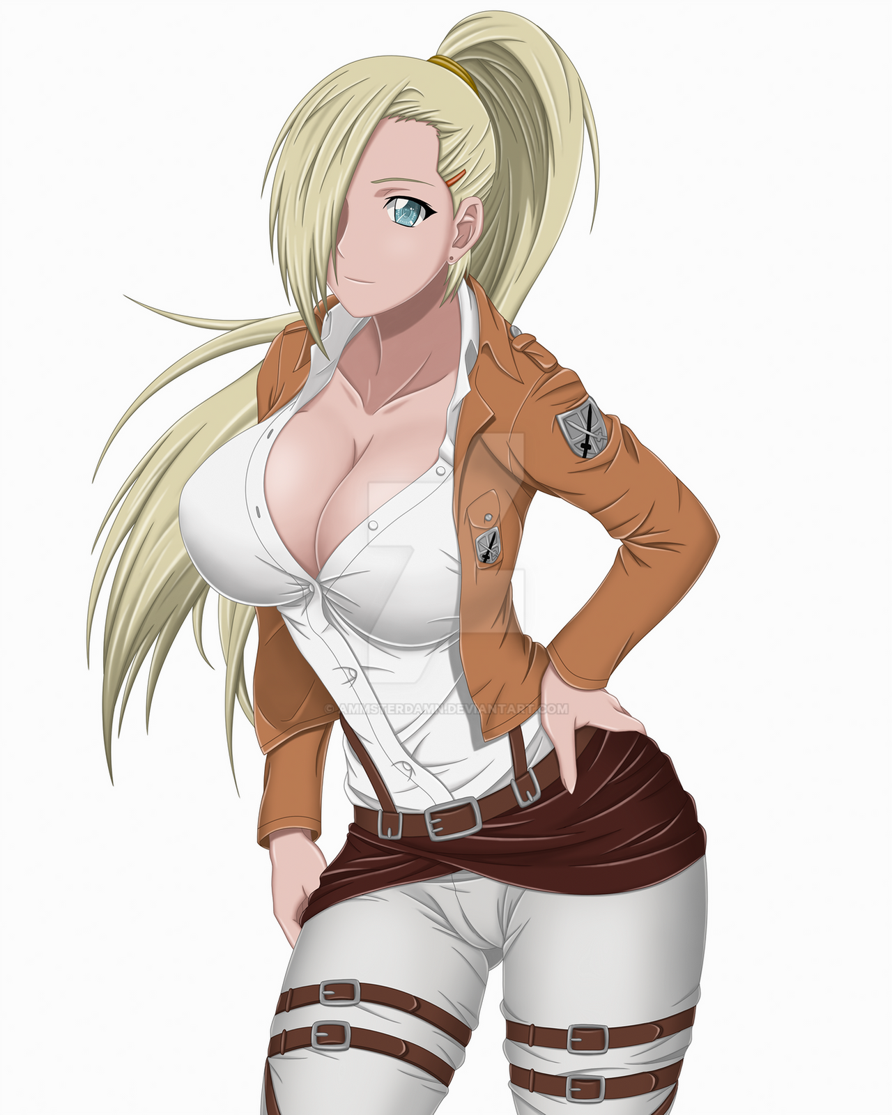 1girls, ammsterdamn, attack on titan, badge, belt, blonde hair, breasts, cameltoe, cleavage, cosplay, costume, earrings, female, green eyes, hair covering eyes, hi res, ino yamanaka, jackal, large breasts, looking at viewer, naruto, naruto (series), naruto shippuden, ponytail, pussy, pussy visible through clothes, shingeki no kyojin, solo, tight clothing