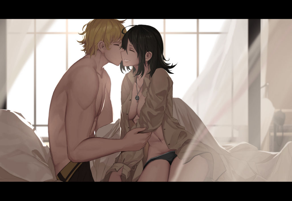 bedroom setting, black panties, blonde hair, canon couple, canonical sex, cross necklace, dishwasher1910, kissing cheek, male, morning, muscular, muscular arms, open shirt, romantic, romantic ambiance, romantic couple, rwby, shirtless, smiling at each other, summer rose, taiyang xiao long, wholesome