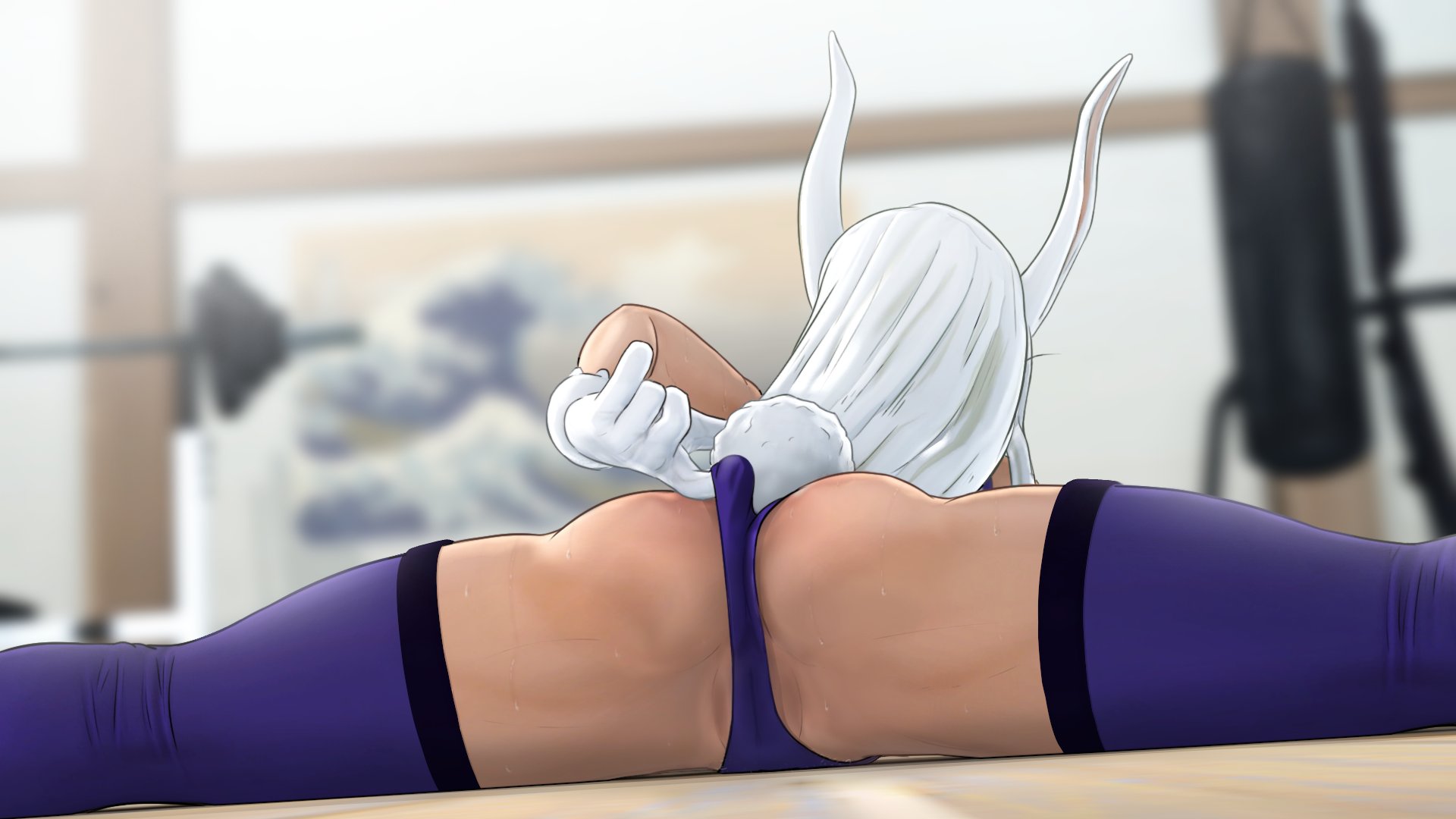 1girls, 3d, abs, adjusting panties, animal ears, ass, ass focus, big ass, brunette, bunny ears, bunny girl, bunny tail, dark skin, dark-skinned female, eyelashes, female, female only, gloves, greatm8, gym, hero outfit (mha), legwear, long hair, miruko, my hero academia, panties, presenting, presenting hindquarters, pussy, rabbit girl, rabbit humanoid, red eyes, rumi usagiyama, shounen jump, solo, splits, spread legs, thighhighs, white hair, white-haired female