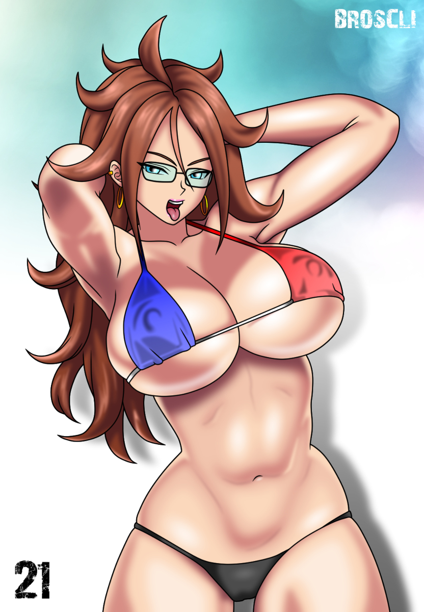 1girls, android 21, android 21 (human), bikini, blue eyes, breasts, dragon ball, dragon ball fighterz, female, female only, glasses, huge breasts, shounen jump, solo, tagme, tongue, tongue out
