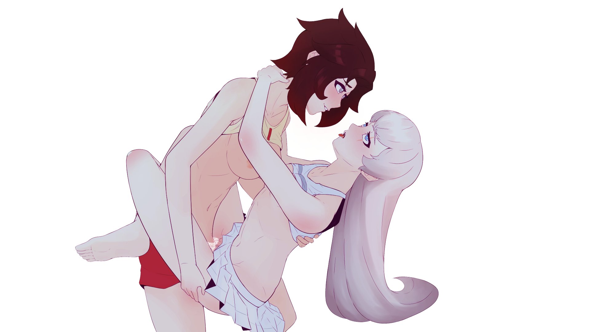 1futa, 1girls, areolae, blue eyes, breasts, clothing, duo, female, futa on female, futanari, grimkopi18, grimteacups, human, intersex, leg lock, mostly nude, orgasm, pale skin, penis, pussy, red hair, rolling eyes, ruby rose, rwby, sex, silver eyes, standing, tongue, tongue out, vaginal, vaginal penetration, weiss schnee, white hair