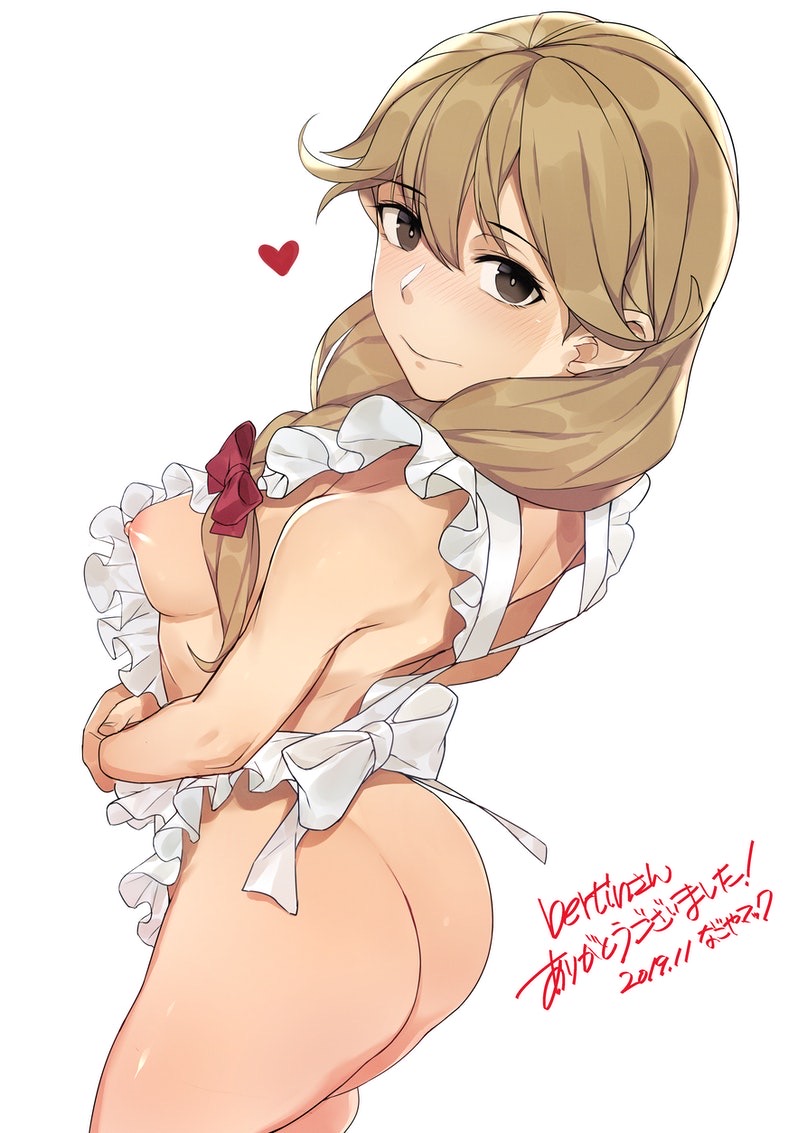 1girls, alternate costume, apron, apron only, ass, breasts, faye (fire emblem), female, fire emblem, fire emblem echoes: shadows of valentia, heart, japanese text, light brown hair, looking at viewer, looking back, messatsu tan, naked apron, nintendo, nipples, small breasts, solo, solo female