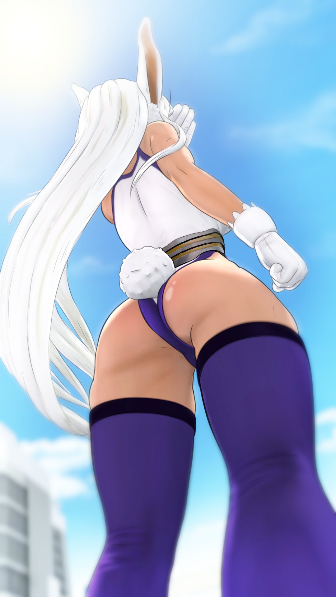 1girls, 3d, abs, animal ears, ass, ass focus, big ass, bunny ears, bunny girl, bunny tail, dark skin, dark-skinned female, eyelashes, female, female only, gloves, greatm8, hero outfit (mha), legwear, long hair, miruko, my hero academia, rabbit ears, rabbit girl, rabbit humanoid, rabbit tail, red eyes, rumi usagiyama, shounen jump, solo, source filmmaker, thighhighs, viewed from below, white hair, white-haired female