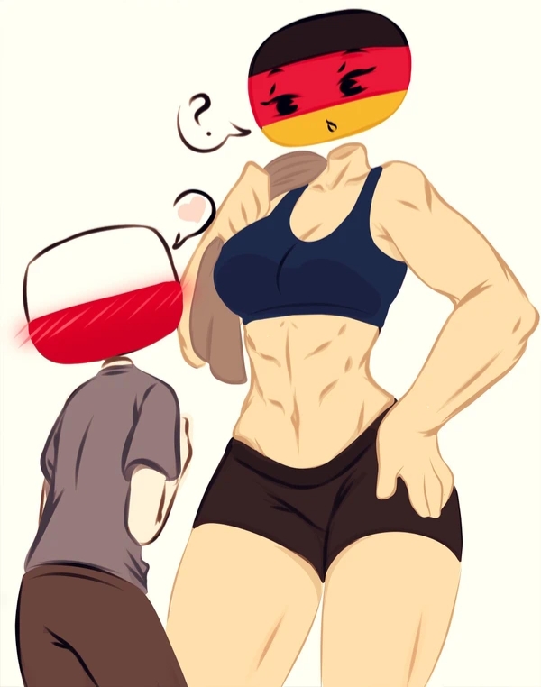 1boy 1girls confession confused countryhumans countryhumans_girl flawsy german_flag germany_(countryhumans) muscular_female poland_(countryhumans) polish_flag tomboy towel workout_clothes