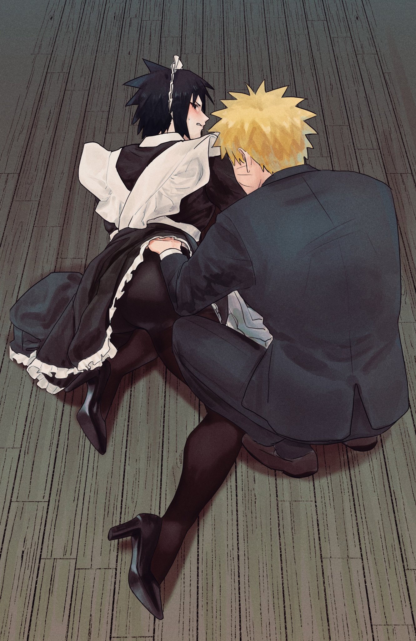 2boys, arched back, ass, bent over, big ass, big butt, black eyes, black hair, black heels, black high heels, blonde hair, blush, bubble ass, bubble butt, clothed, clothing, crossdressing, dress, dress lift, dress pull, femboy, footwear, fully clothed, gay, hand on ass, headdress, heels, high heels, legs up, legwear, light skin, light-skinned male, looking at partner, looking back, maid, maid dress, maid headdress, maid outfit, maid uniform, male, male only, male/male, naruto, naruto (series), naruto shippuden, nervous, on all fours, pale skin, pale-skinned male, pantyhose, presenting ass, psammead, sasuke uchiha, sissy, squatting, stiletto heels, stockings, suit, sweat, sweatdrop, thighs, tight clothing, tight pants, tights, twink, uzumaki naruto, voluptuous, whisker markings, whiskers, yaoi, yellow hair