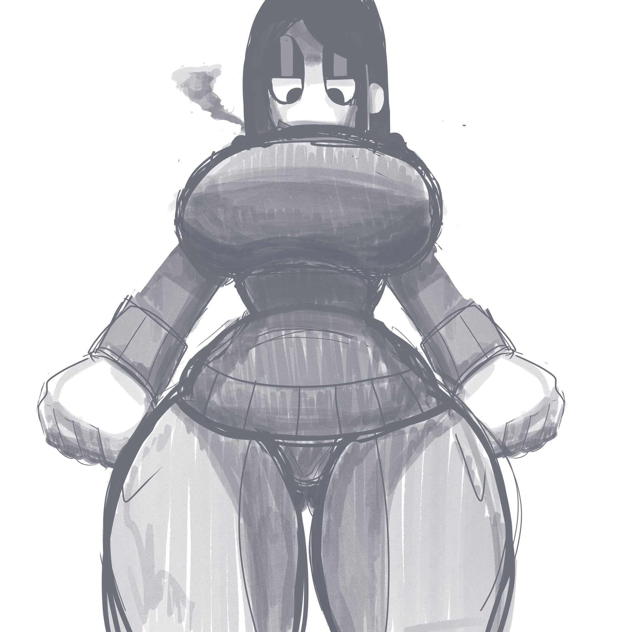 2021, big breasts, breasts, cigarette, female, goth, looking down, looking down at viewer, saltynoodles, sketch, smoke, solo, solo female, sweater, tall, taller female, thick thighs, unamused, veronica (saltynoodles), wide hips