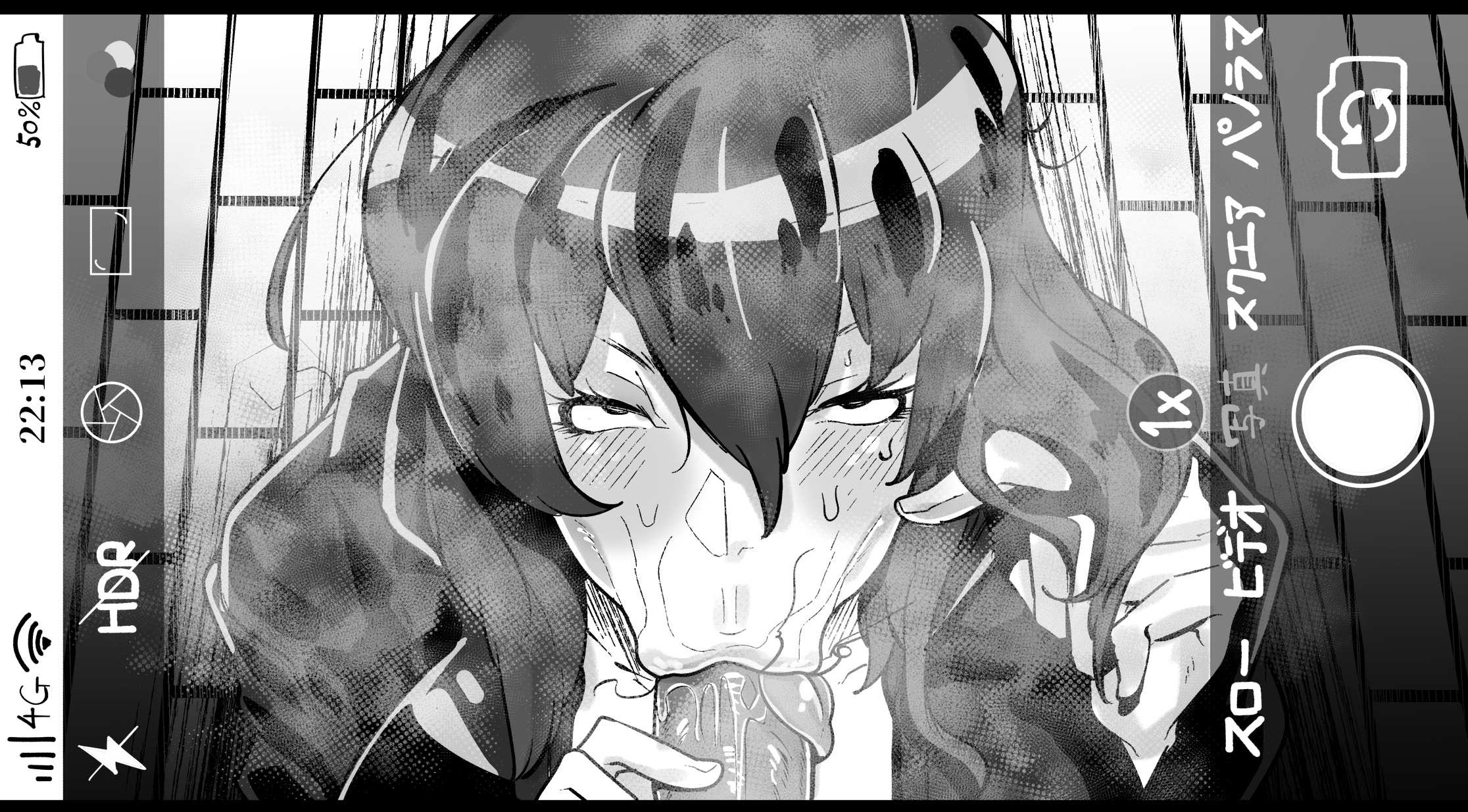 :>=, 1girls, above view, camera view, close-up, clothed, fellatio, female, ghost in the shell, ghost in the shell stand alone complex, japanese text, kusanagi motoko, male, male pov, monochrome, mr.way, penis, pov, rolling eyes, smartphone, steam, user interface, wet