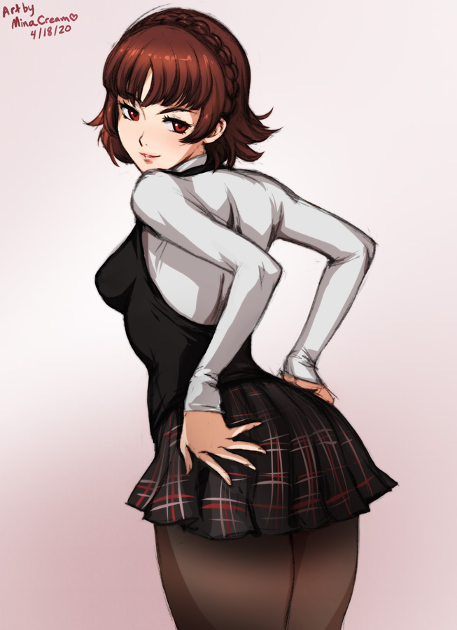 1girls, clothed, female, female only, leggings, looking at viewer, looking back, makoto niijima, minacream, persona, persona 5, red eyes, solo