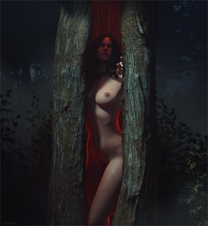 1girls, 3d, black hair, breasts, cd projekt red, choker, completely nude, female, forest, koelet3d, light skin, light-skinned female, looking at viewer, necklace, night, nipples, nude, outdoors, possessed, possession, pubic hair, red eyes, solo, solo female, the witcher (series), the witcher 3: wild hunt, yennefer