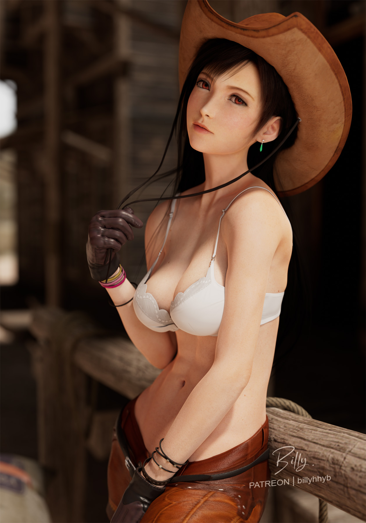 1girls, 3d, 3d (artwork), abs, billyhhyb, black hair, bra, bracelet, breast focus, breasts, brown gloves, cow girl, cowboy hat, cowgirl hat, dark hair, female, final fantasy, final fantasy vii, final fantasy vii remake, gloves, hi res, human, large breasts, leather, leather clothing, leather gloves, light skin, light-skinned female, lingerie, pale skin, pale-skinned female, red eyes, solo, tifa lockhart, toned, toned body, toned female, white bra