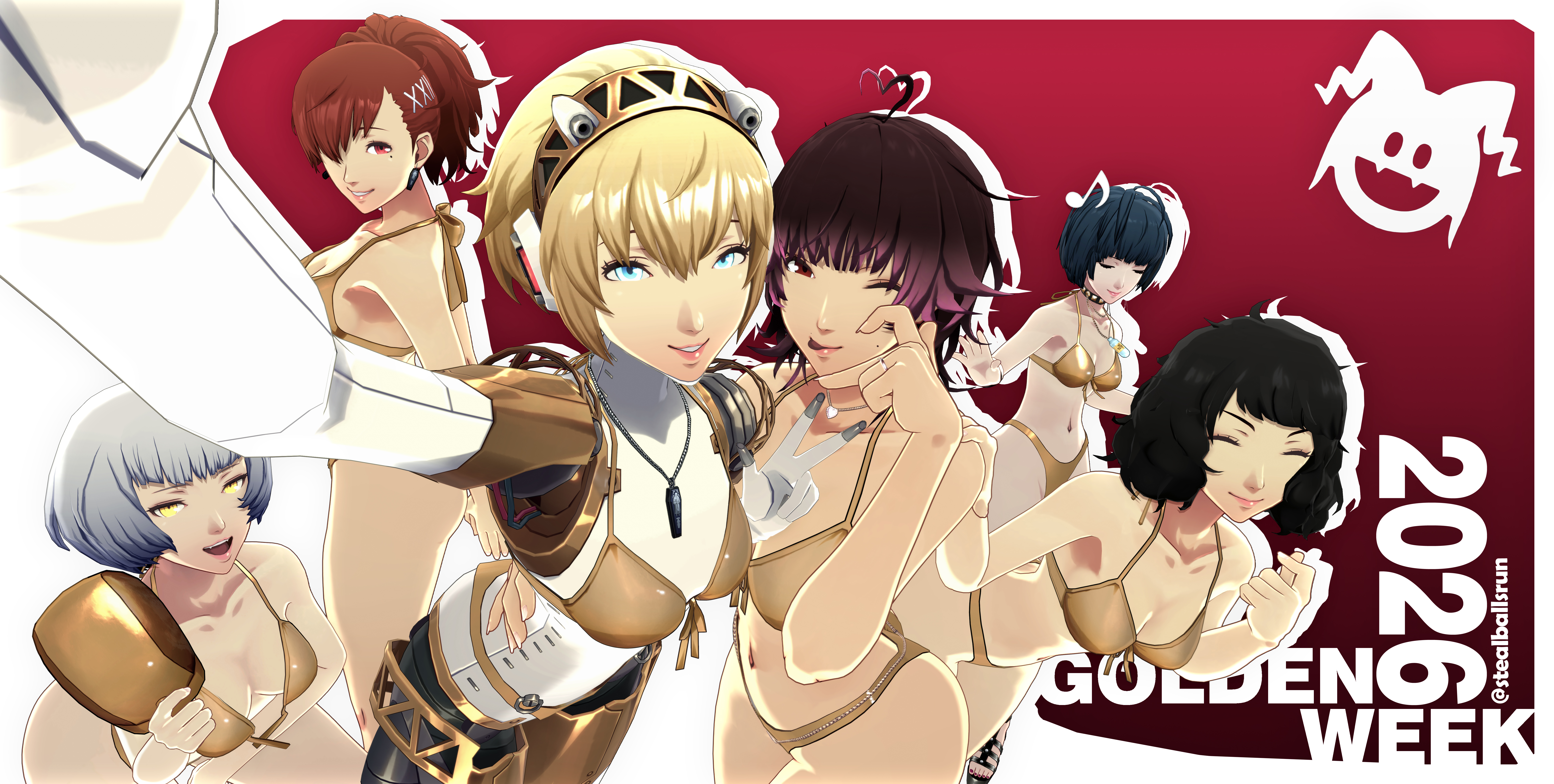 6+girls, aigis (persona), atlus, blonde hair, blue eyes, blue hair, brown eyes, brown hair, elizabeth (persona), golden bikini, golden week, gradient background, kotone shiomi, looking at viewer, oc, peace sign, persona, persona 3, persona 5, pinup, red eyes, red hair, sadayo kawakami, selfie, stealballsrun, suggestive, suggestive pose, tae takemi, white hair, yellow eyes