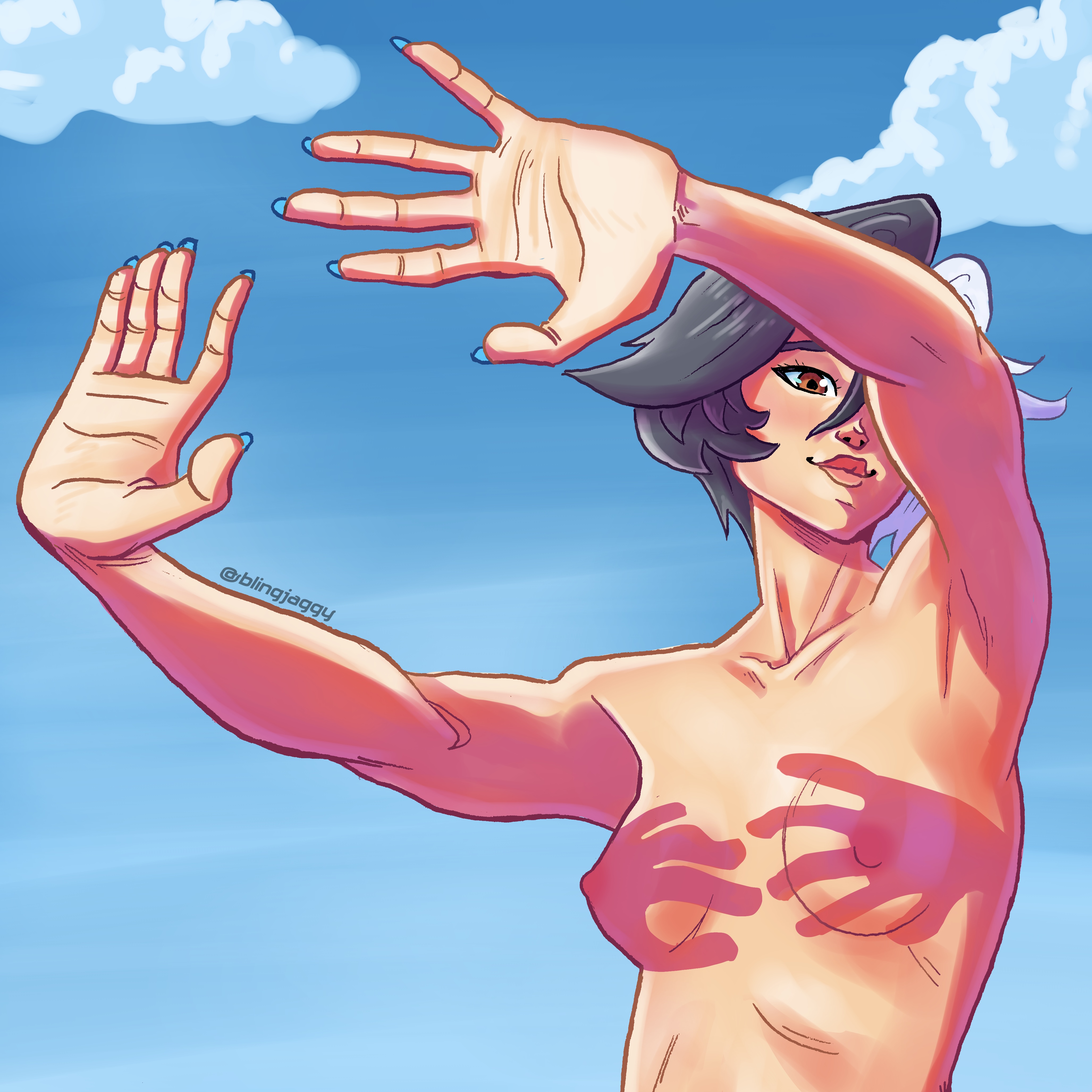 2d, arms out, arms outstretched, arms up, black and white hair, black hair, blingjaggy, boobies, boobs, breasts, breasts out, female, female only, fully nude, hands casting shadow, korean, korean female, kpop, kpop girl, kpop idol, luna snow, luna snow (marvel rivals), marvel, marvel rivals, not ai generated, nude, nude female, shadow play, solo, split-color hair, superheroine, tasteful nudity