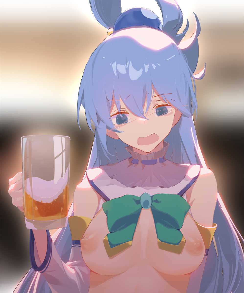 ahedtra, alcohol, aqua (konosuba), beer, blue eyes, blue hair, blurry background, blush, breasts, eyebrows visible through hair, female, hair ornament, hair rings, kono subarashii sekai ni shukufuku wo!, long hair, nipples, no bra, no shirt, open eyes, open mouth, solo