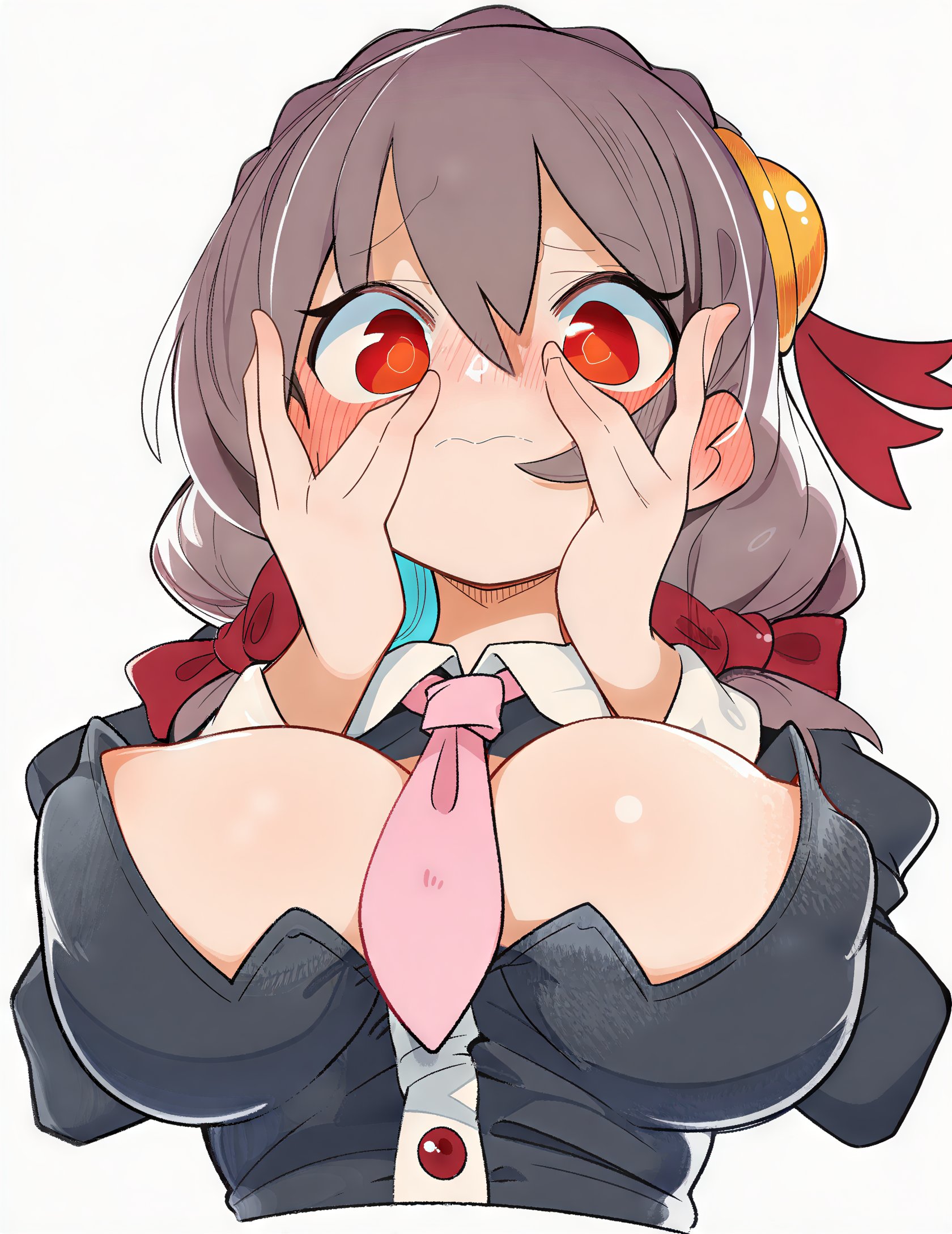 1female, 1girls, arbadel, areolae, big breasts, blush, blush lines, blushing, blushing ears, blushing profusely, breasts, brown hair, busty, buttons, cleavage, closed mouth, ear blush, embarrassed, embarrassed female, female, female focus, female only, flushed face, flustered, hands on face, headgear, kono subarashii sekai ni shukufuku wo!, konosuba, large breasts, long hair, long sleeves, looking at viewer, open clothes, open shirt, red eyes, simple background, solid color background, solo, solo female, solo focus, tie, tight clothing, white background, yunyun (konosuba)