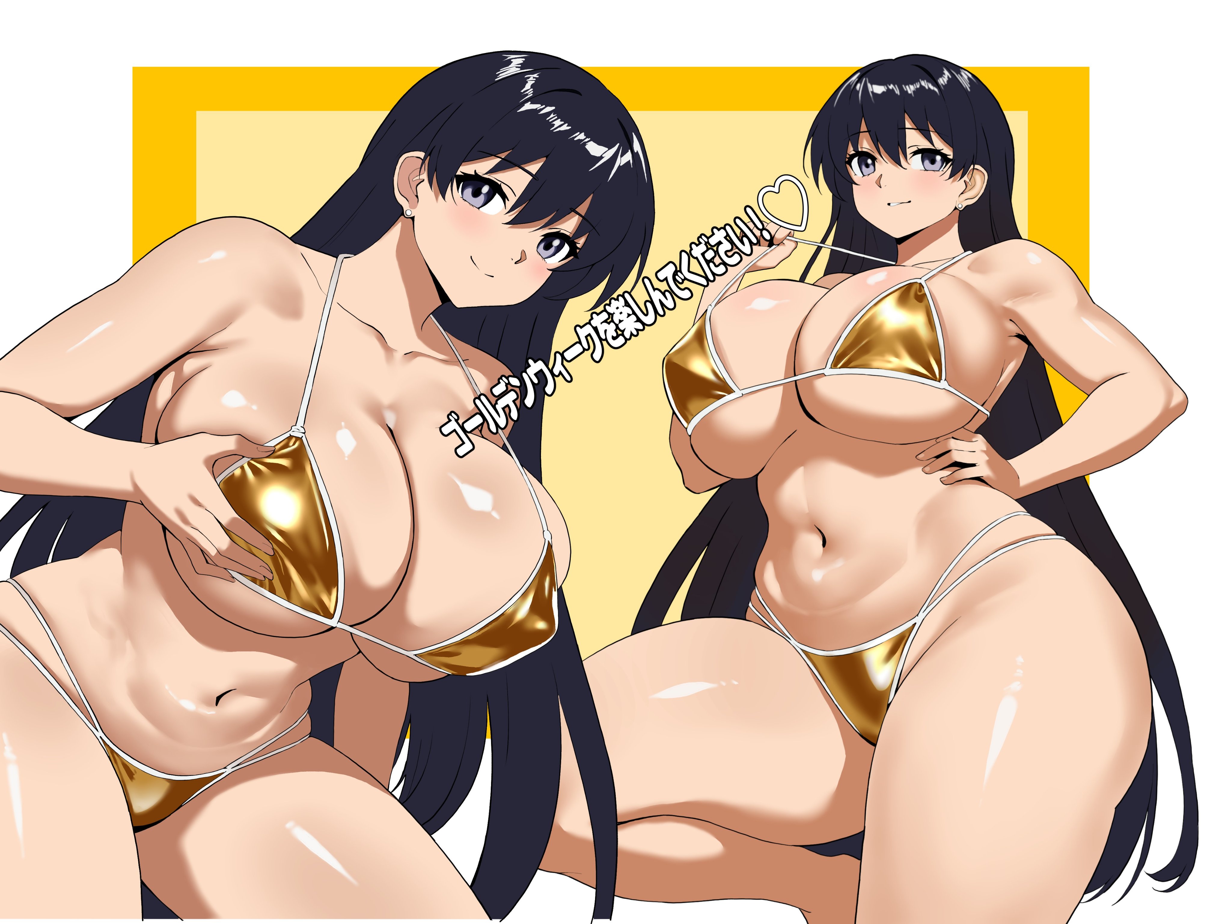 arato nagi, crimsomxmuse, curvy, female, female only, gold bikini, golden week, grabbing own breast, huge breasts, japanese text, multiple views, one leg up, pulling bikini string, ruri no houseki, seductive, smile, text, thick thighs, wide hips