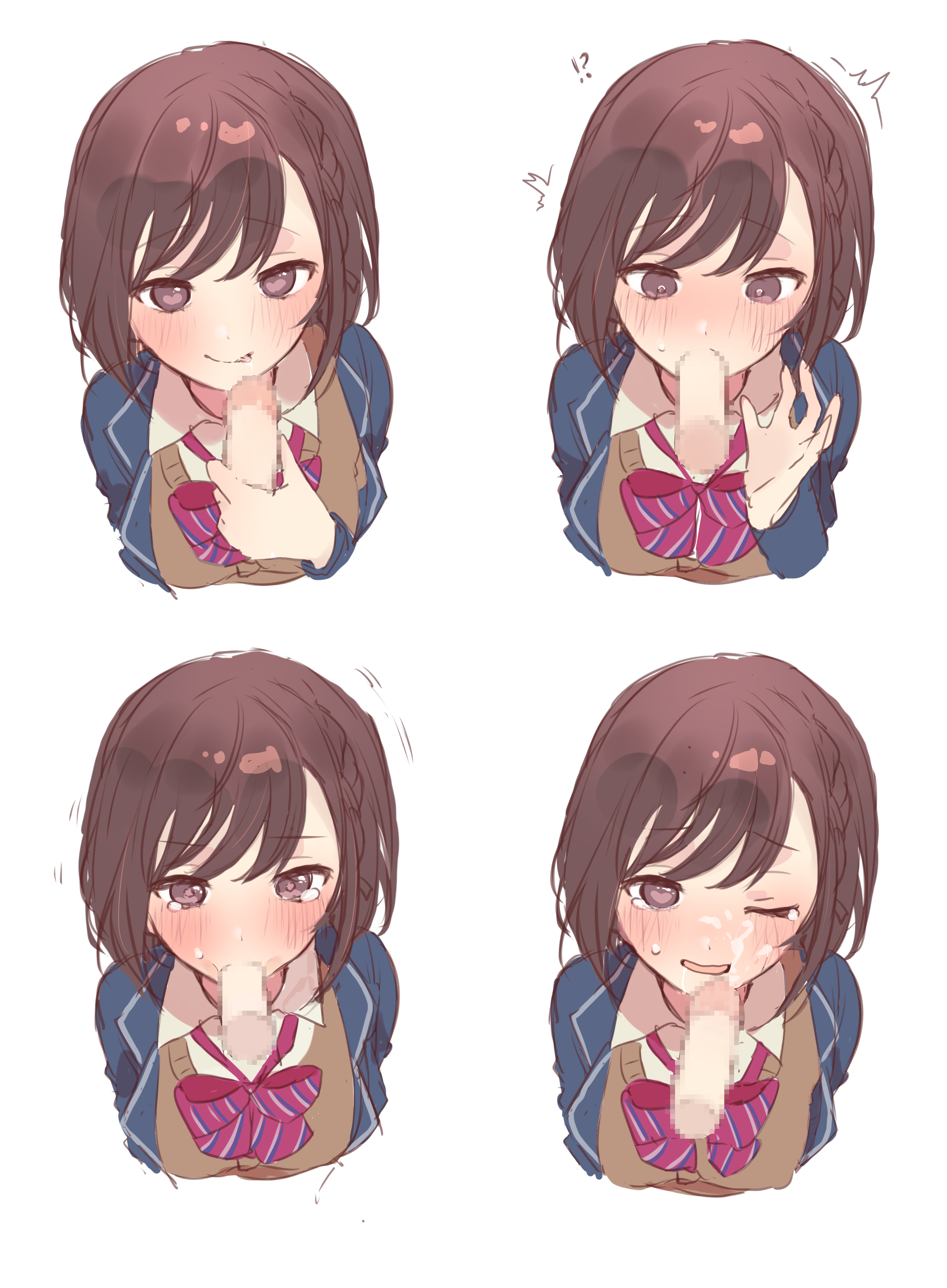 1boy, 1girls, artist request, blowjob, blush, brown eyes, brown hair, cum, cum on face, facial, fellatio, female, oral, penis, project sekai, shinonome ena, tears