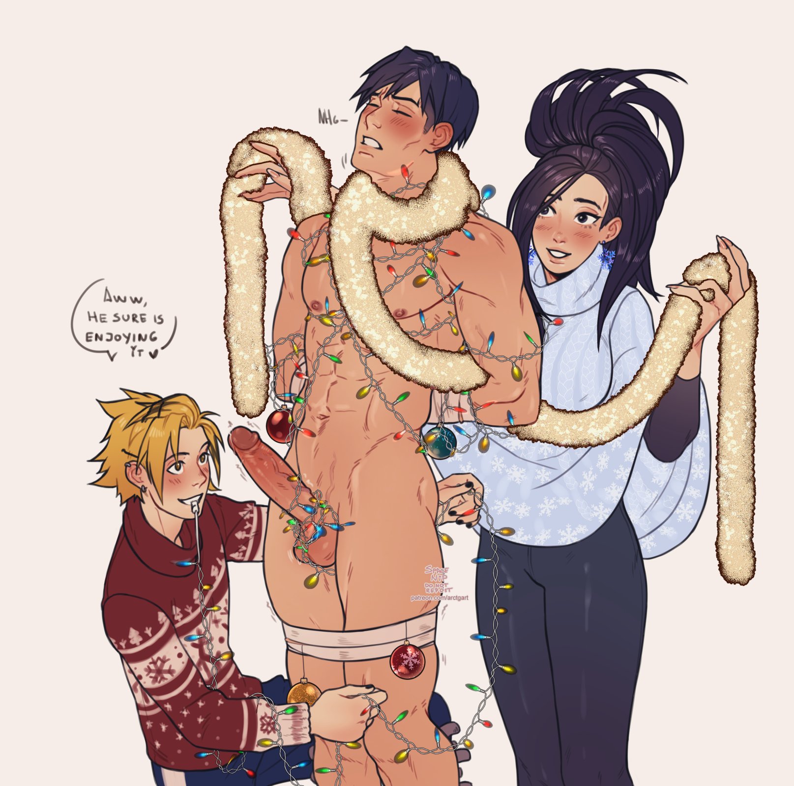1girls, 2boys, arms behind back, aroused, balls, bondage, bound arms, bound legs, christmas, christmas lights, christmas ornaments, clothed, denki kaminari, erection, female, gay, human, male, momo yaoyorozu, muscular, my hero academia, nude, simple background, spacenipnops, standing, tenya iida