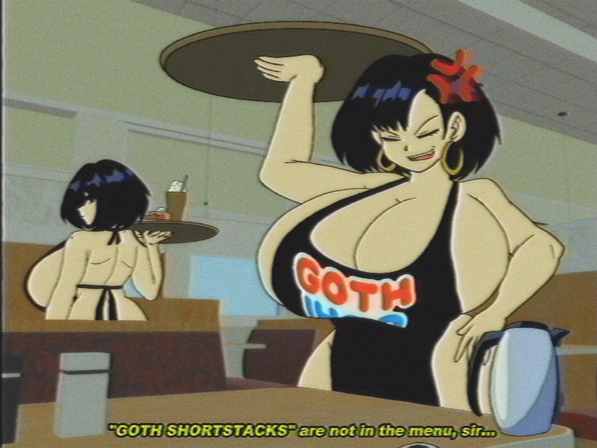 2girls, 90s, anger vein, angry, apron only, black apron, black hair, cleavage, cross-popping vein, ear ring, earrings, eleanor (lueduartv), english text, eyelashes, eyeshadow, female, female focus, food, gigantic breasts, goth, hand on hip, holding plate, huge breasts, ihop, indoors, inside, lei (coloredyiddies), lueduar, lueduartv, meme, meme attire, milkshake, naked apron, open mouth, original, short hair, shortstack, subtitled, table, voluptuous, voluptuous female, waitress, wide hips