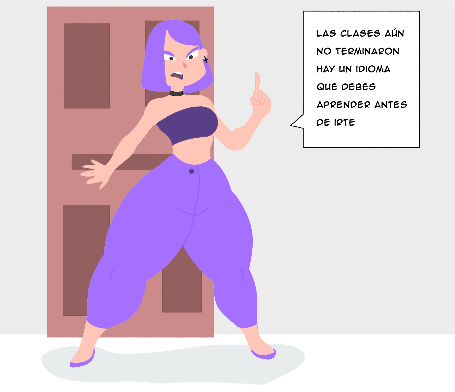 breasts, choker, duolingo, female, footwear, lily (duolingo), makeup, pants, piercing, purple hair, short hair, slepy 34, slim waist, speech bubble, tagme, text, thick thighs, tight clothing, topwear, translation request, tubetop, wide hips