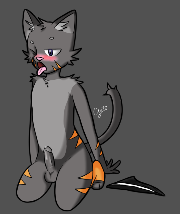 anthro blush bodily_fluids cybeeyoru erection felid feline genital_fluids kneeling male mammal open_mouth precum solo tongue tongue_out