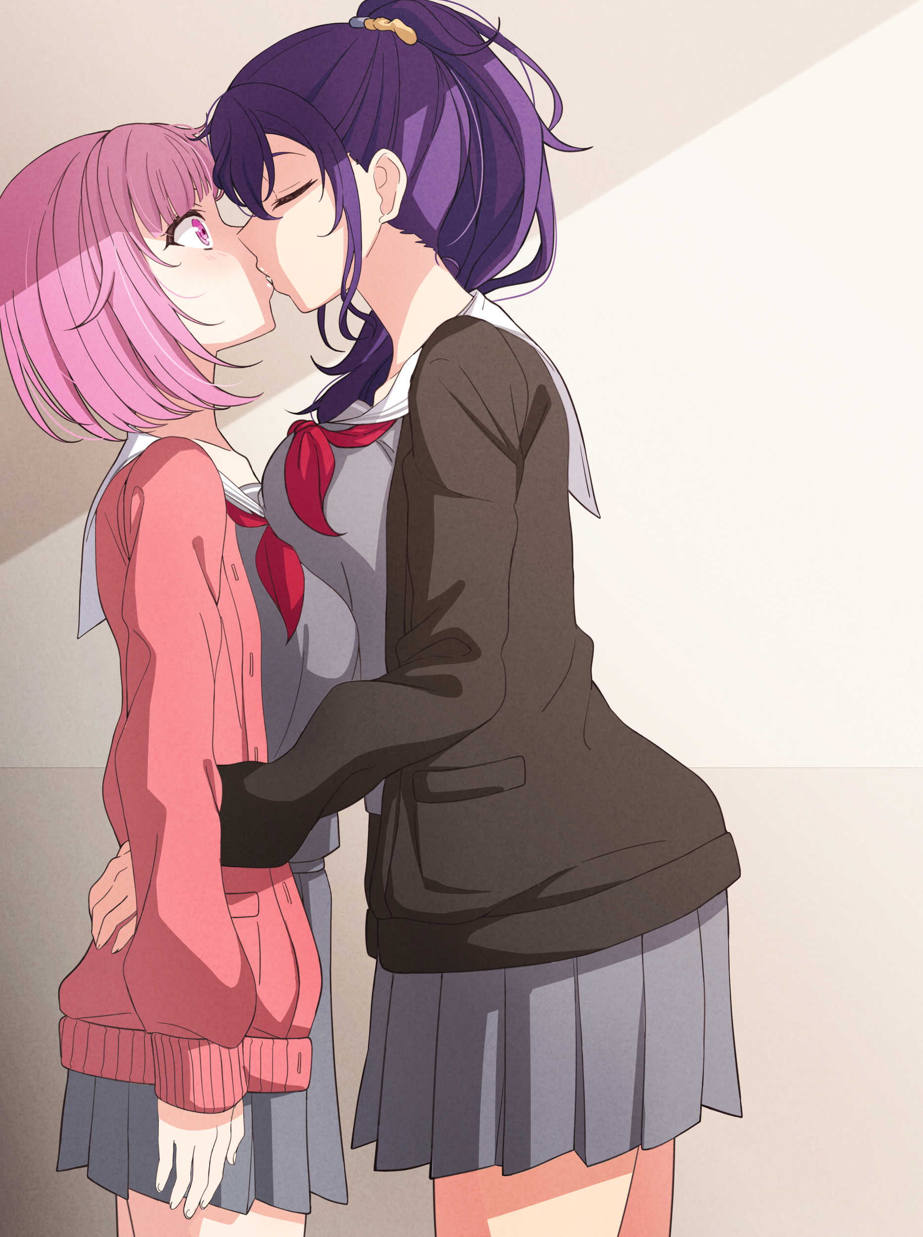 2girls, arimon (dfrgty12), asahina mafuyu, clothed, female, female only, female/female, fully clothed, kissing, lesbian kiss, multiple girls, ootori emu, pink eyes, pink hair, pink-haired female, project sekai, purple hair, purple-haired female, short hair, short-haired female, surprise kiss, surprised, yuri