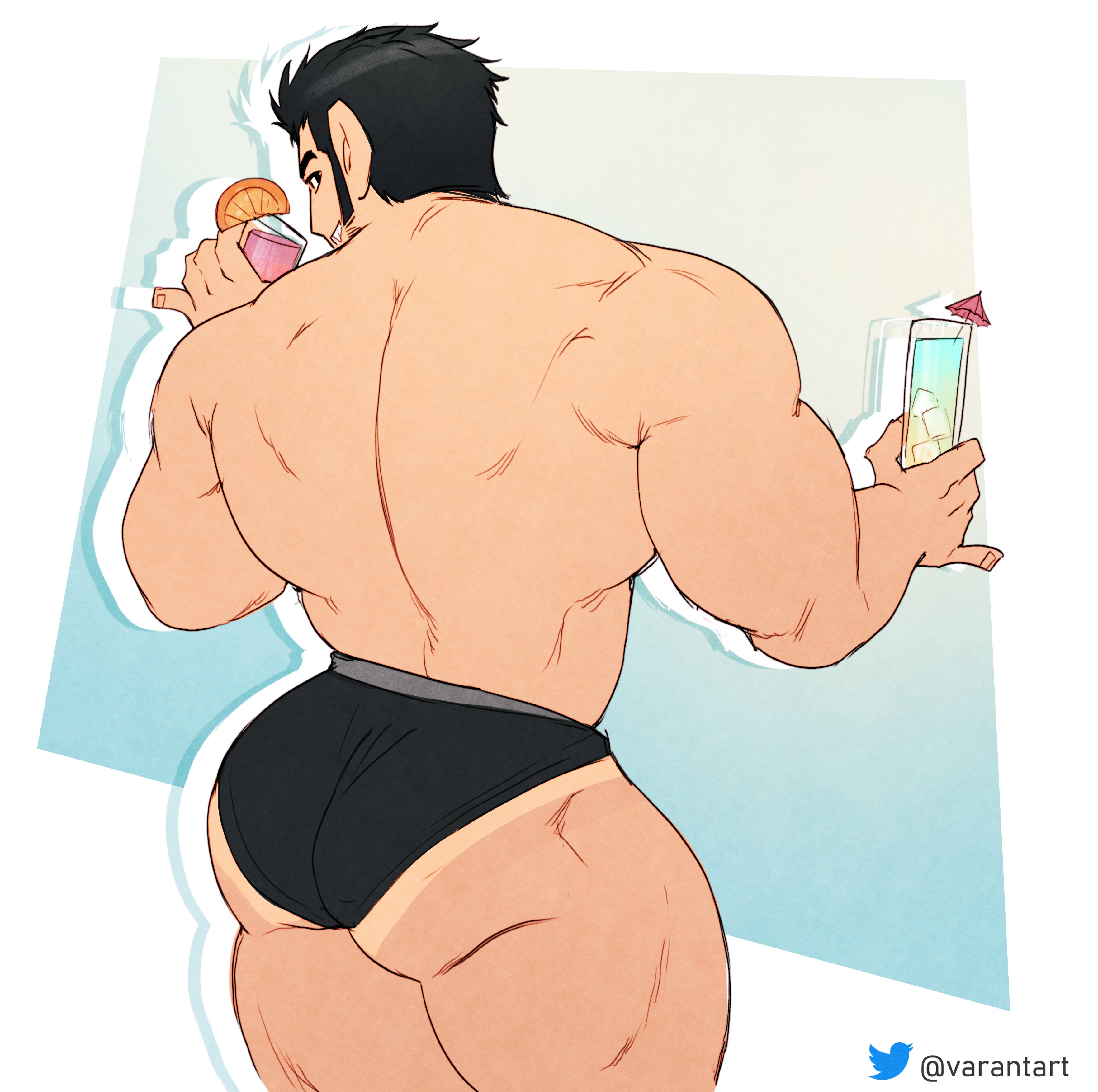1boy, 2024, ass, back, back muscles, back view, bara, bara ass, beard stubble, biceps, big ass, big biceps, big butt, big muscles, big triceps, black briefs, black hair, black underwear, bodybuilder, briefs, briefs only, cocktail, facial hair, holding drink, huge ass, huge muscles, human, human only, light skin, light-skinned male, looking at viewer, looking back, lucas lee, male, male focus, male only, muscles, muscular, muscular back, muscular male, muscular shoulders, muscular thighs, scott pilgrim, scott pilgrim takes off, sideburns, smile, smiling, solo, solo focus, solo male, standing, tan, tanline, thick ass, thick thighs, thunder thighs, triceps, underwear, underwear only, varantart