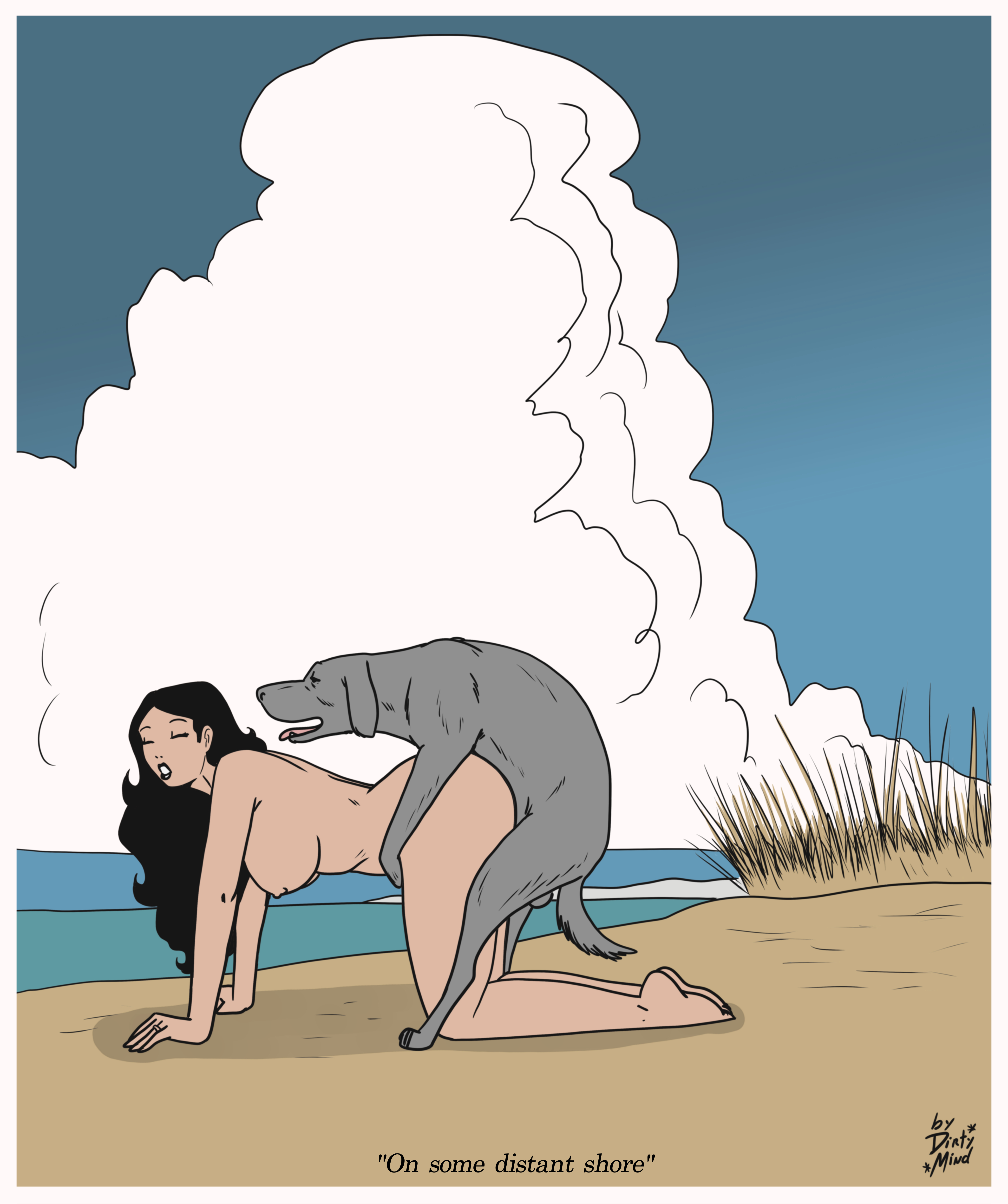 2d, all fours, ambiguous penetration, beach, black hair, canine, canine on human, closed eyes, dirtymind, doggy style, domestic dog, female human/male feral, female on feral, femsub, feral, feral on female, feral on human, feral penetrating, feral penetrating human, human female, human on feral, human penetrated, interspecies, light-skinned female, looking pleasured, loving it, medium breasts, original, original character, outdoors, public, public nudity, small dom big sub, thick ass, zoophilia