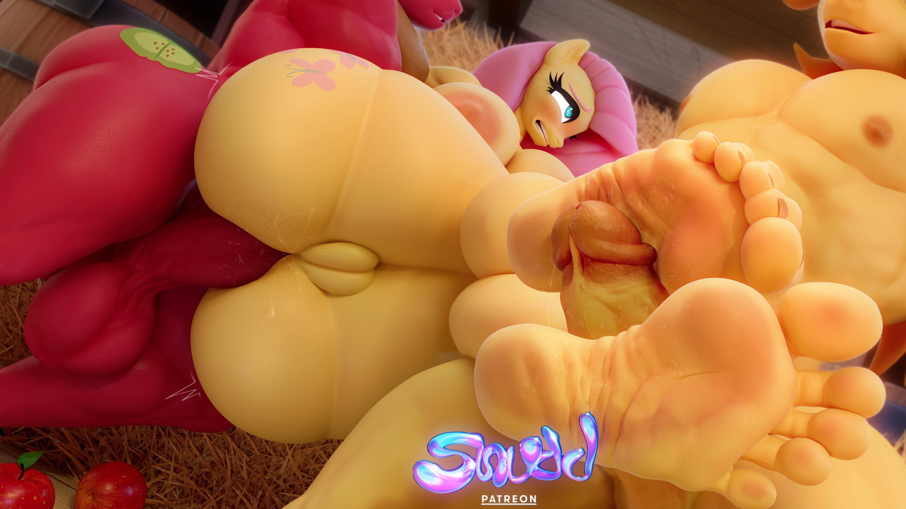 anal, anal sex, anthro, barn, big macintosh (mlp), braeburn (mlp), dubious consent, eyes rolling back, farm, farmer, female, fluttershy (mlp), fmm threesome, foot fetish, foot focus, foot fucking, footfuck, footfucking, footjob, furry, mmf threesome, my little pony, my little pony friendship is magic, questionable consent, rape, red body, snuddy, soles, threesome, toes, yellow body