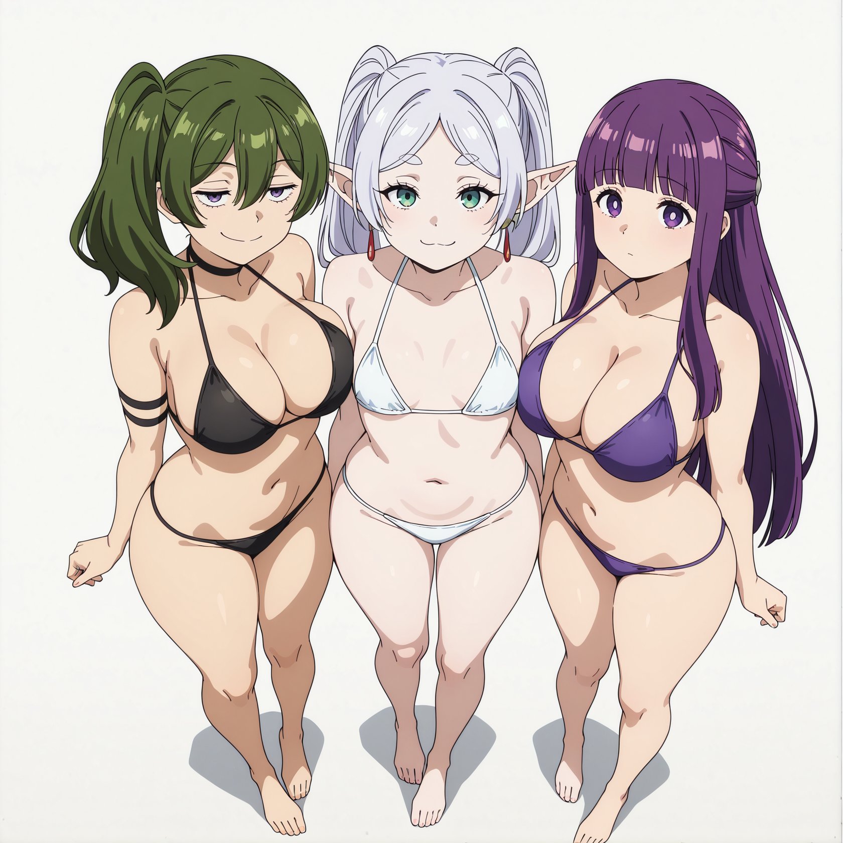 :3, 3girls, ai, ai generated, big breasts, bikini, bikini bottom, curves, cute, female, female only, fern (sousou no frieren), frieren, frieren beyond journey's end, girls, green hair, lineup, mo-chan, multiple girls, pale skin, pale-skinned female, purple hair, rear view, silver hair, smile, sousou no frieren, ubel (sousou no frieren), wide hips