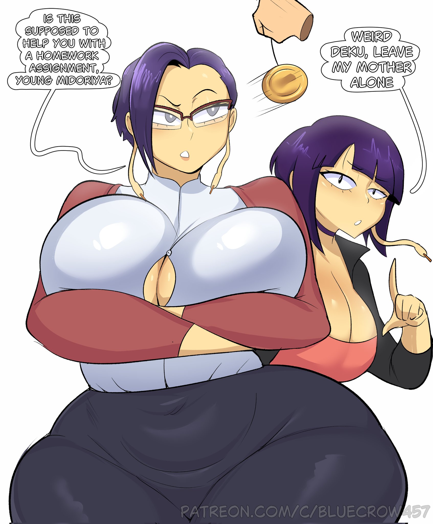 1boy, 2girls, big breasts, blue crow, boku no hero academia, dialogue, huge breasts, hyper, hyper breasts, hypnosis, imminent sex, izuku midoriya, jirou kyouka, jirou mika, kyoka jiro, midoriya izuku, mika jiro, milf, mind control, mother and daughter, my hero academia, pendulum, teenager, thick thighs