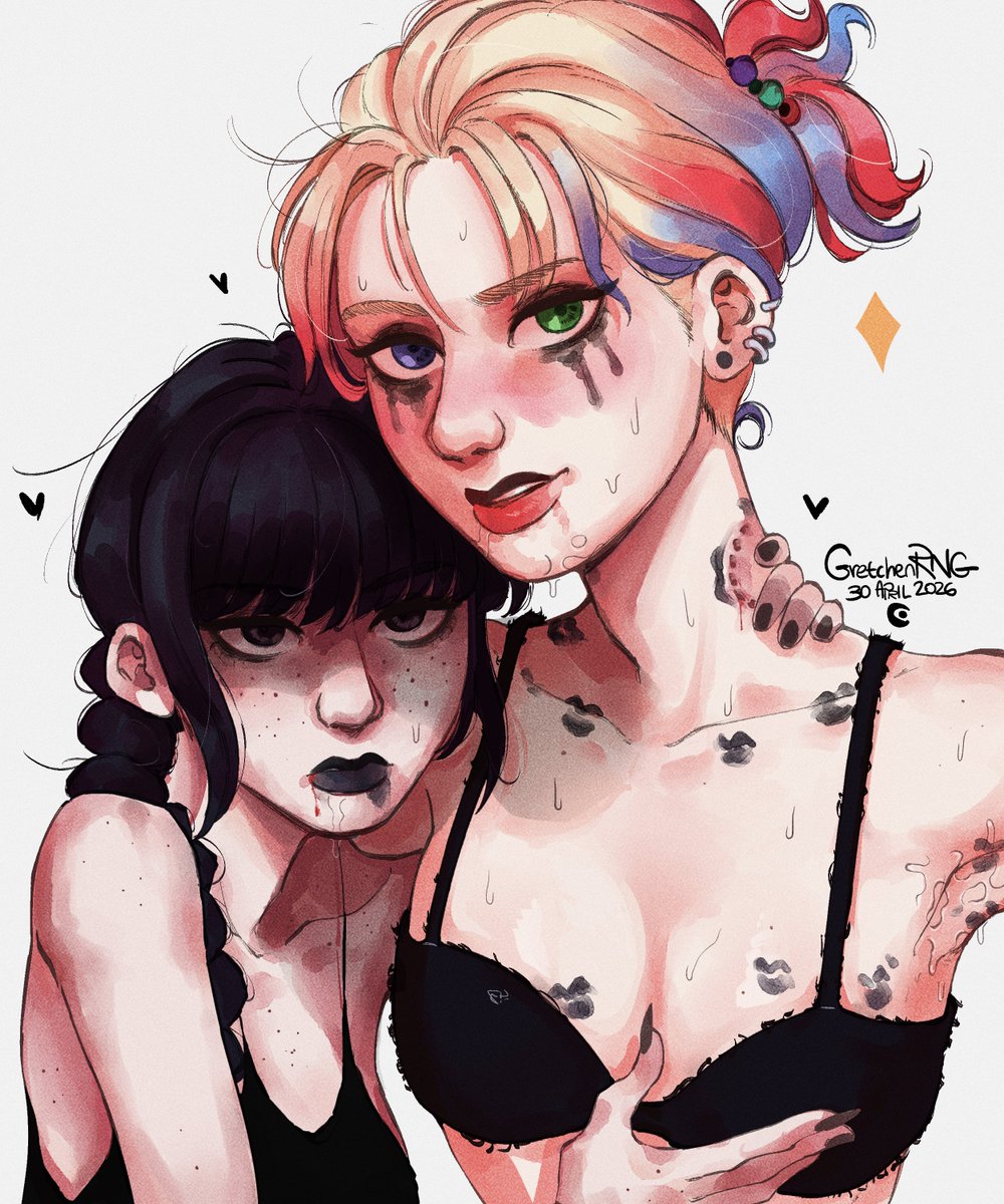 2girls, after kiss, alternate version at source, alternate version available, armpit fetish, bite mark, bite mark on neck, bite marks, black hair, black lipstick, blonde hair, bra, color, colored, drool on face, drooling, ear piercing, earrings, enid sinclair, female, female only, female/female, floating heart, gretchenrng, hand on breast, heterochromia, kiss mark, kiss marks, kiss marks all over, lesbian, lipstick mark, lipstick marks, multicolored hair, reference image, running mascara, runny makeup, saliva, saliva trail, sharp fingernails, sharp nails, sweatdrop, the addams family, wednesday (netflix), wednesday addams, yuri